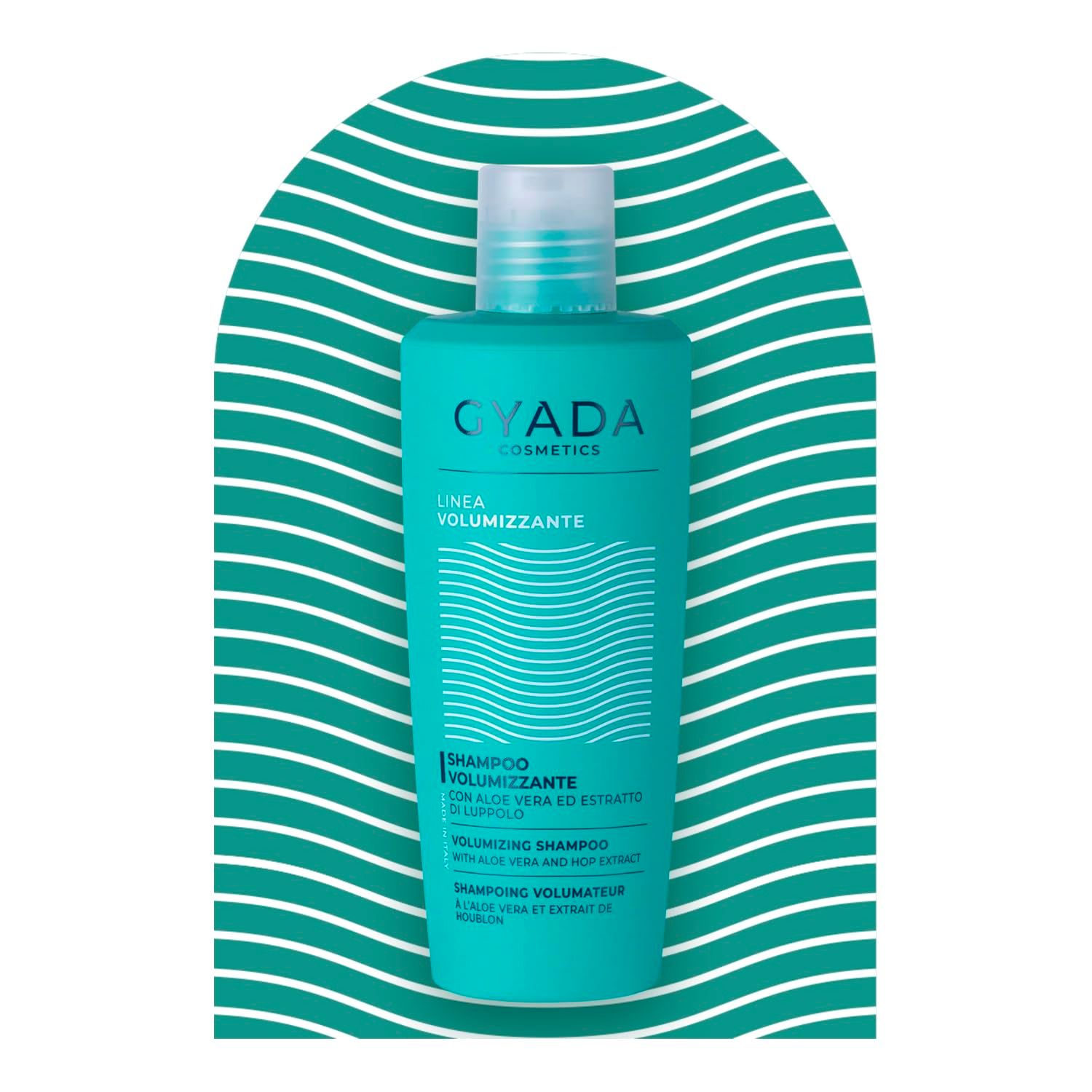 Türkise Flasche mit 'GYADA COSMETICS' und 'LINEA VOLUMIZZANTE'.