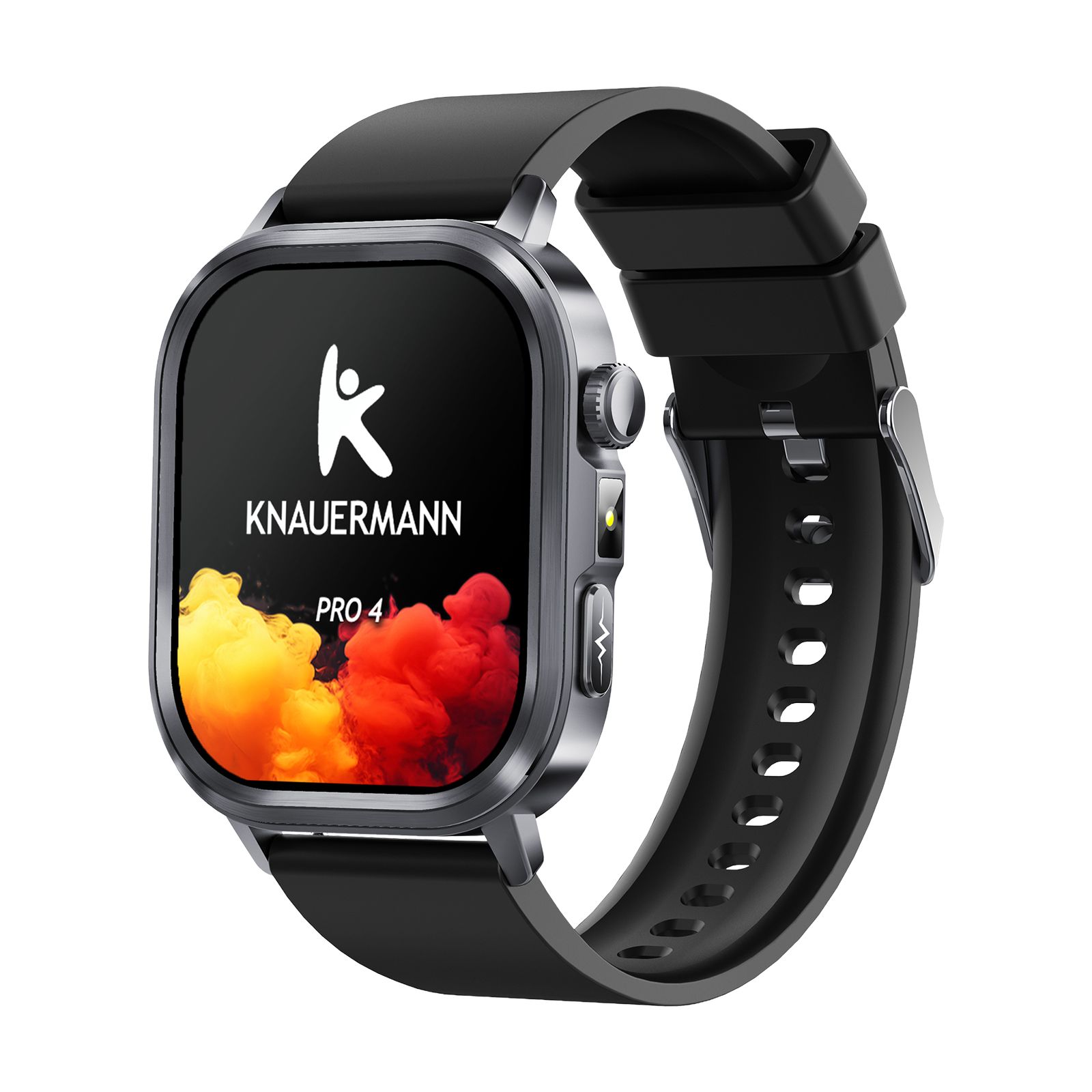 Knauermann PRO 4 Smartwatch, Seitenansicht. Schwarzes Armband, silbernes Gehäuse.