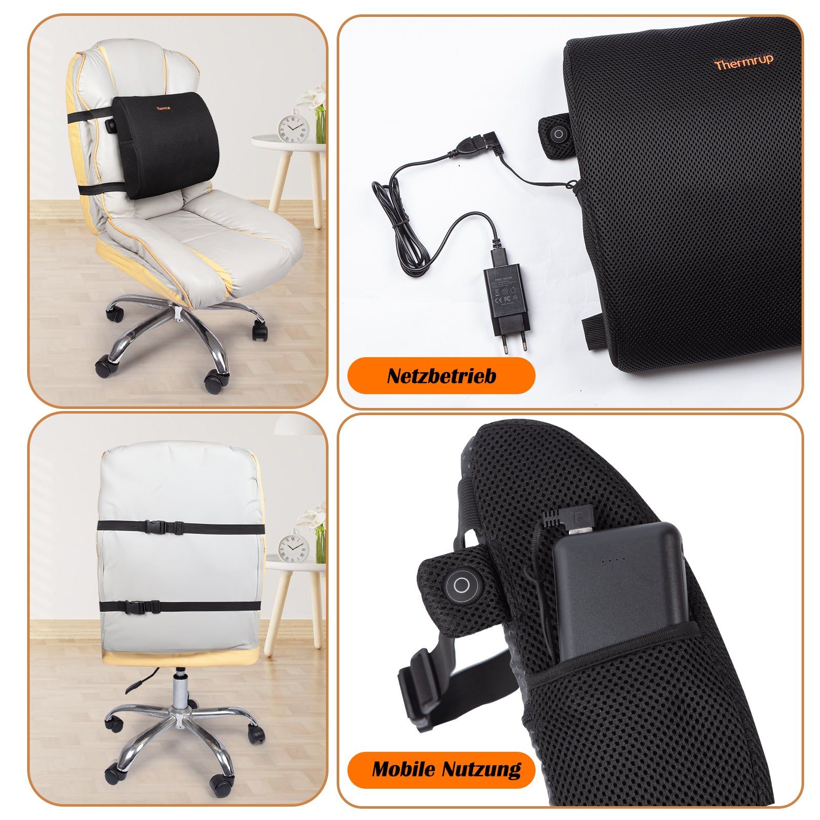 Schwarzes, ergonomisches Rückenkissen mit USB-Anschluss. Enthält Netzteil und Akku. Befestigungsgurte. Auf Stuhl montiert.