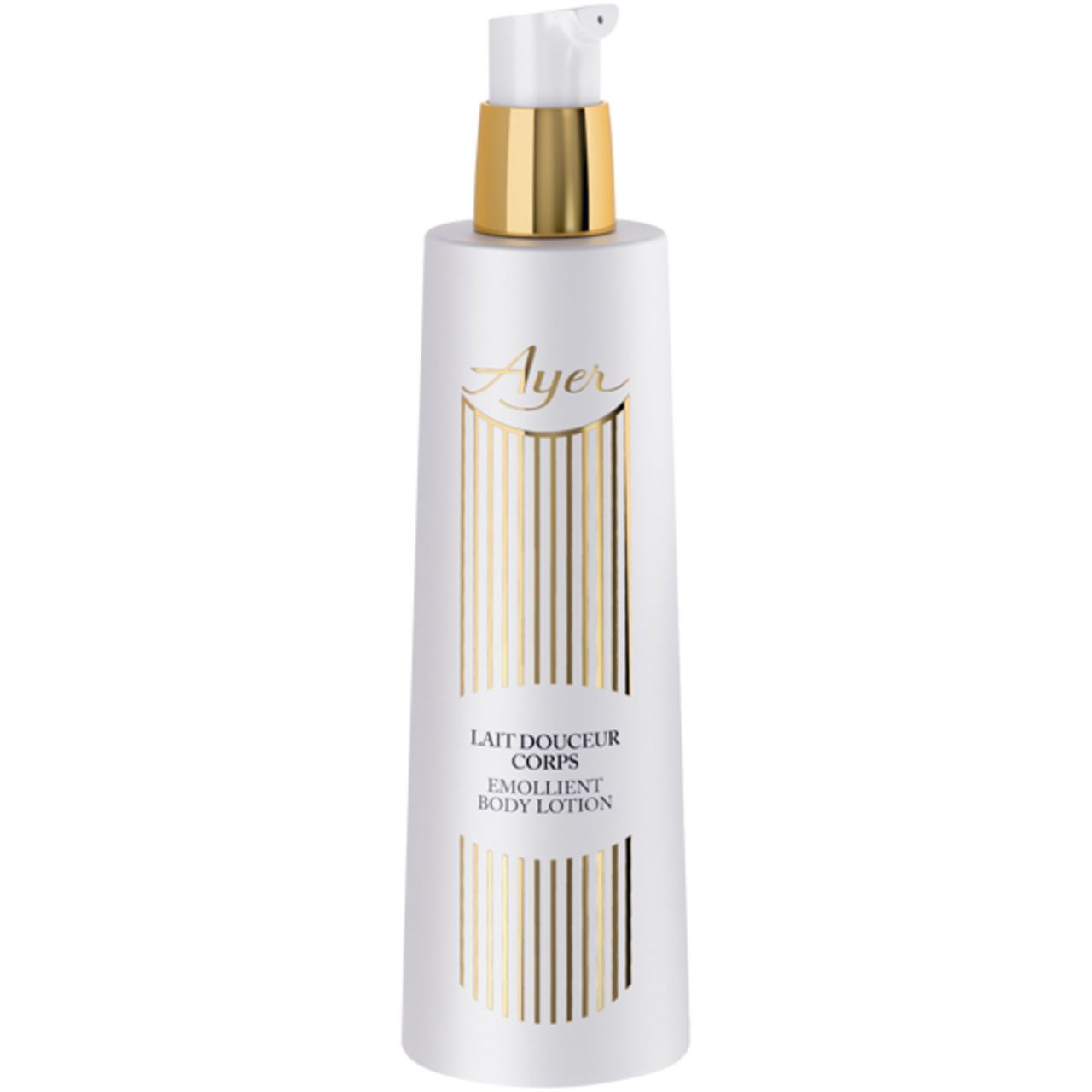 Weiße Flasche mit goldfarbenem Deckel und Aufschrift. Produktbezeichnung: Emollient Body Lotion. Marke: Ayer.
