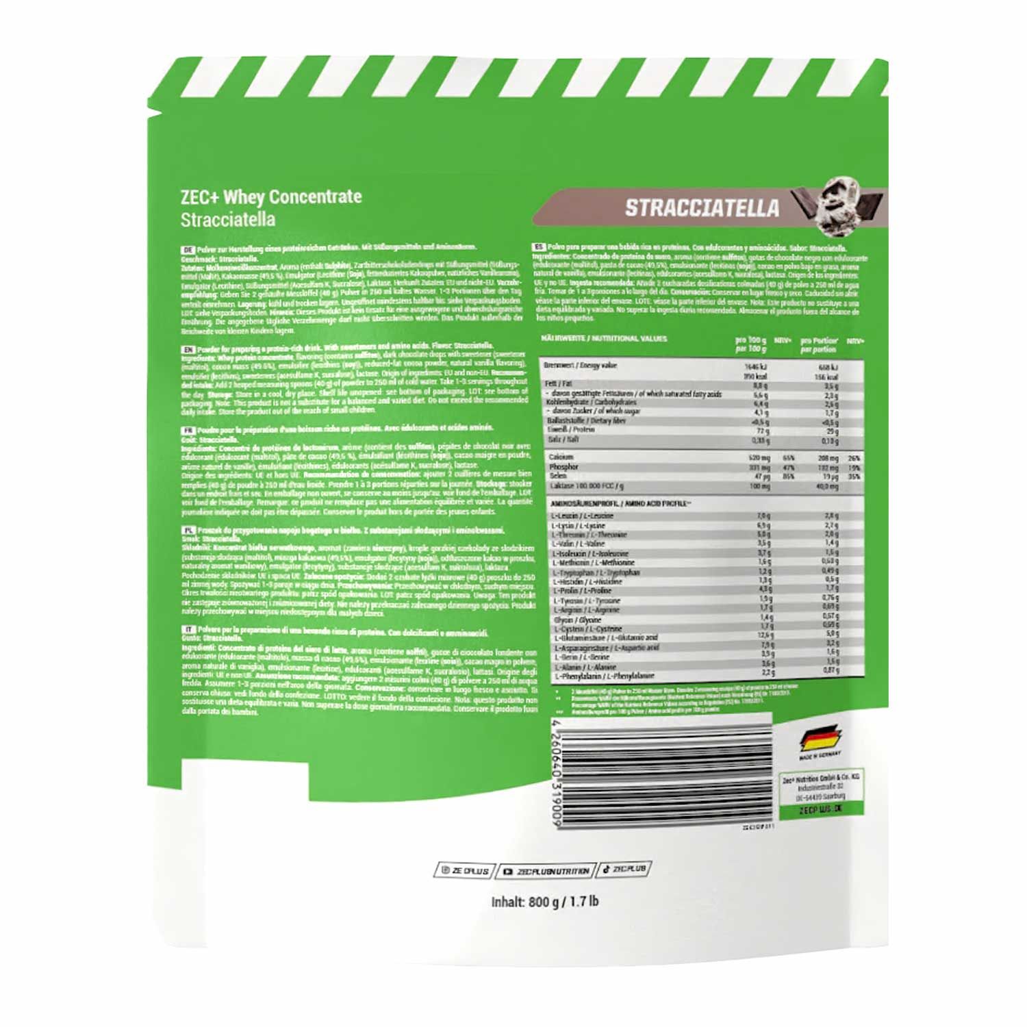 Rückseite der ZEC+ Whey Concentrate Stracciatella-Verpackung. Textinformationen, Nährwerttabelle, Barcode und deutsche Flagge.