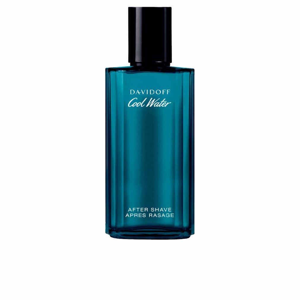 Davidoff Cool Water After Shave Flakon. Blaues Glas, schwarzer Verschluss. Text: Davidoff Cool Water, After Shave.