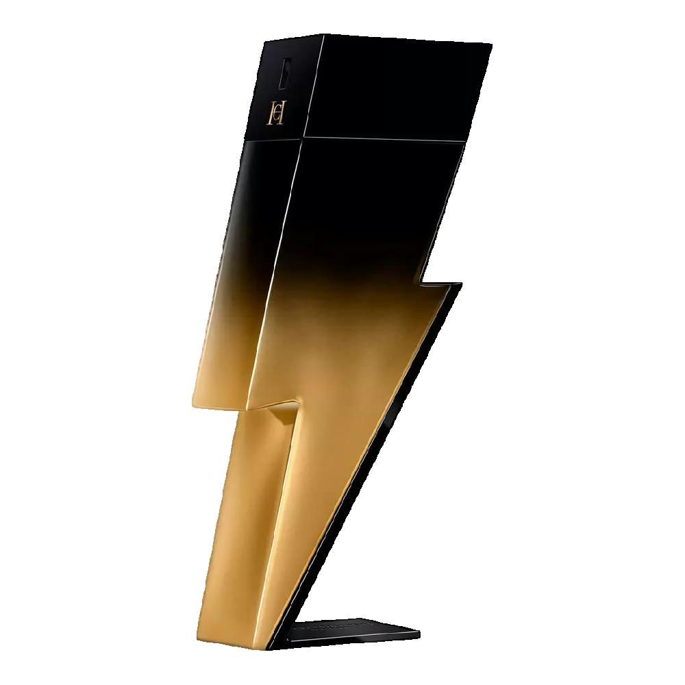 Schwarzer und goldfarbener Flakon in Blitzform. Vertikales Design mit Farbverlauf. Schwarzer Sockel.