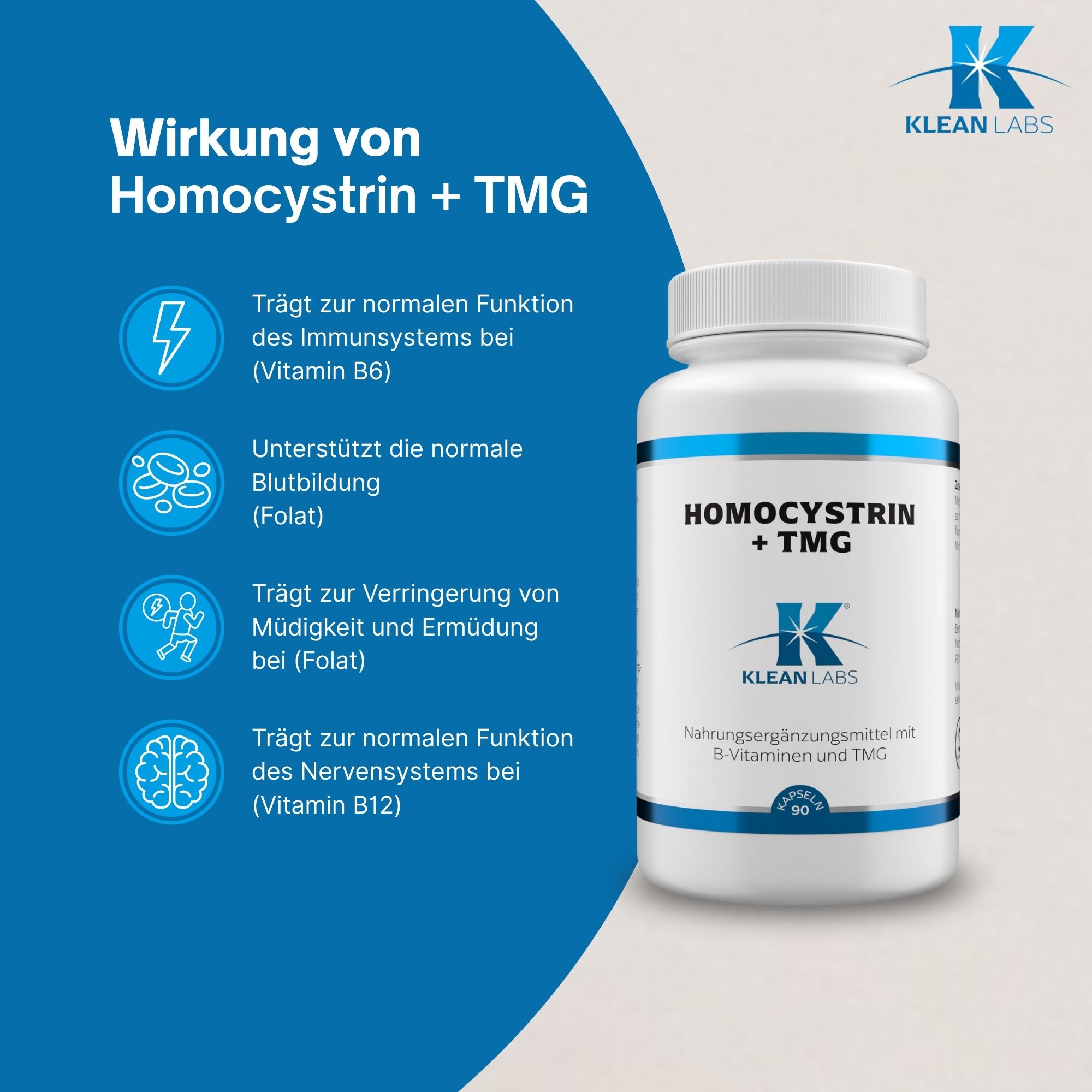 Blauer Hintergrund mit weißer Flasche. Text: Wirkung von Homocystrin + TMG. Illustrationen und Text zu den Vorteilen.