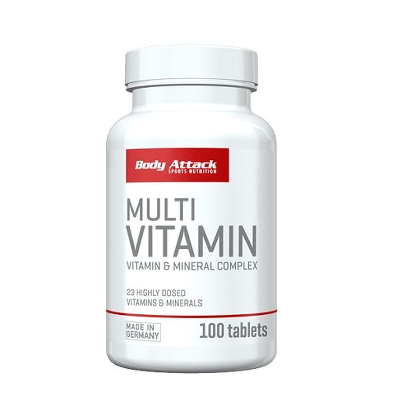 Weiße Flasche mit "Body Attack Multi Vitamin". Roter Schriftzug, "100 Tabletten". Hergestellt in Deutschland. Enthält Vitamine & Mineralien.