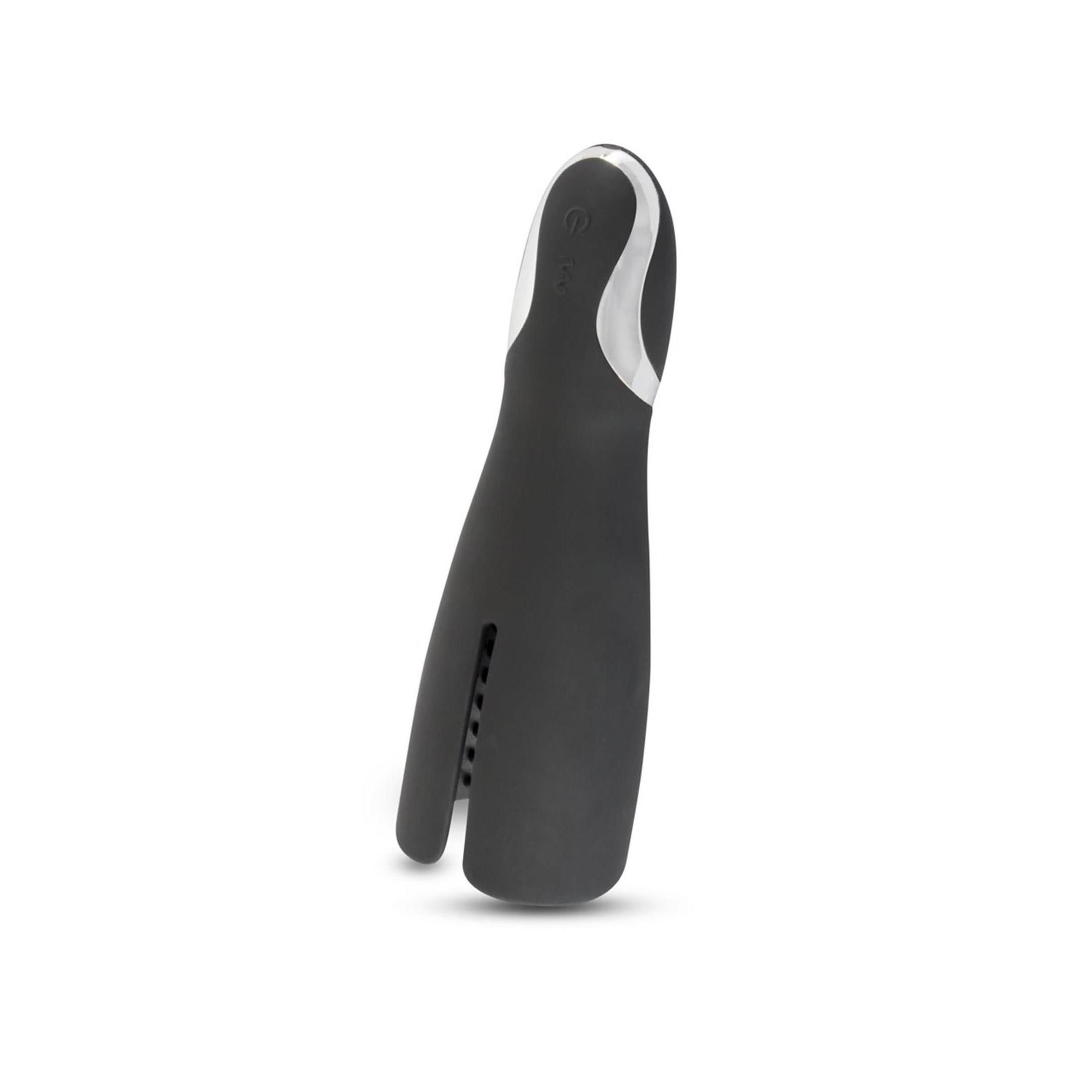 Schwarzes Masturbator-Gerät mit weißem Akzent. Vertikale Form mit Öffnung und Vibrationsöffnungen. Auf weißem Hintergrund.