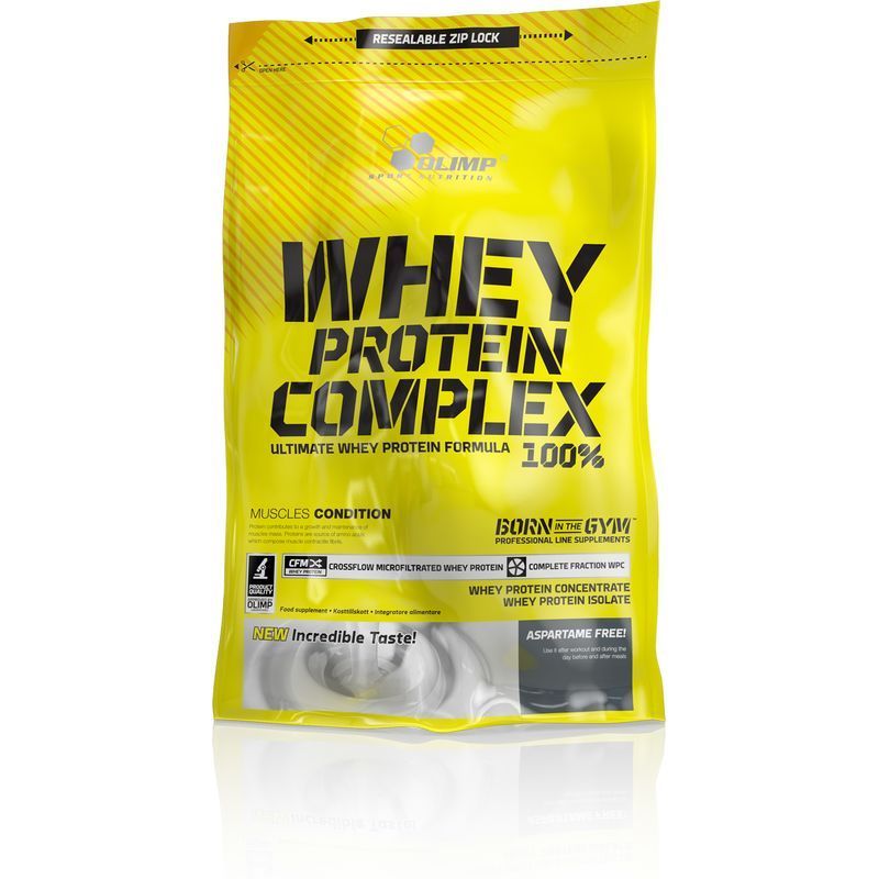 Gelbe Verpackung für Whey Protein Complex mit Reißverschluss. Enthält 100% Ultimate Whey Protein Formula.