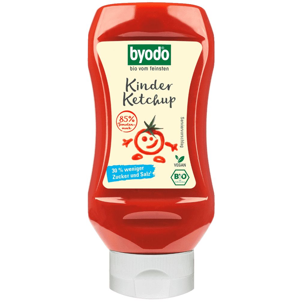 Byodo Kinder Ketchup Flasche mit 85% Tomatenanteil. Bio-Siegel und veganes Logo sichtbar.