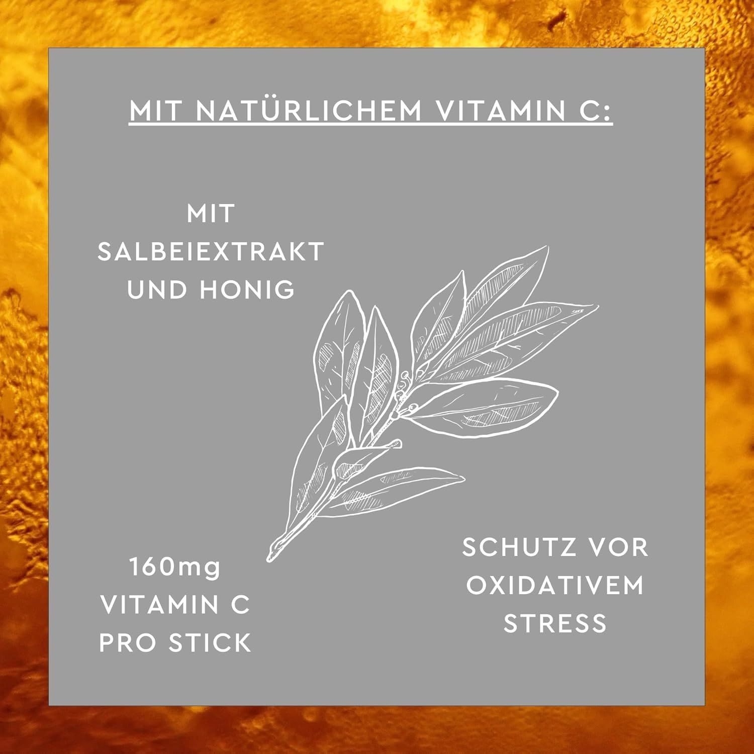 Grafik mit Text: 'Mit natürlichem Vitamin C'. Enthält Salbeiextrakt und Honig. 160mg Vitamin C pro Stick. Schutz vor oxidativem Stress.