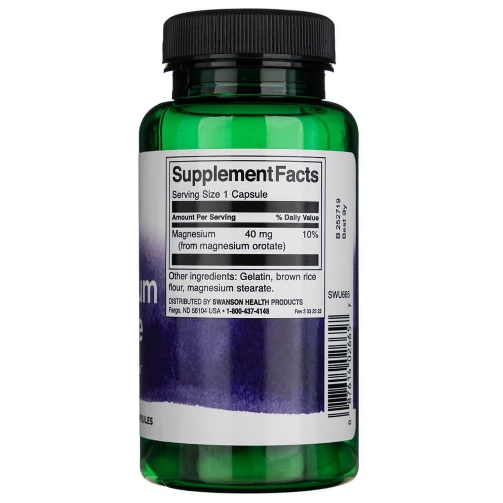 Rückseite der Magnesium Orotat Flasche mit Nährwertangaben und Inhaltsstoffen.