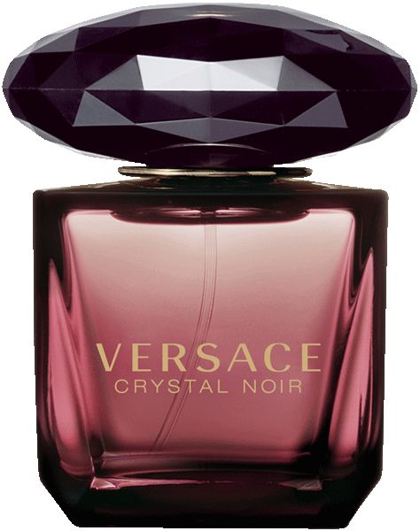Versace Crystal Noir Eau de Toilette. Flakon mit schwarzem, facettiertem Deckel. Rechteckiger Flakon.