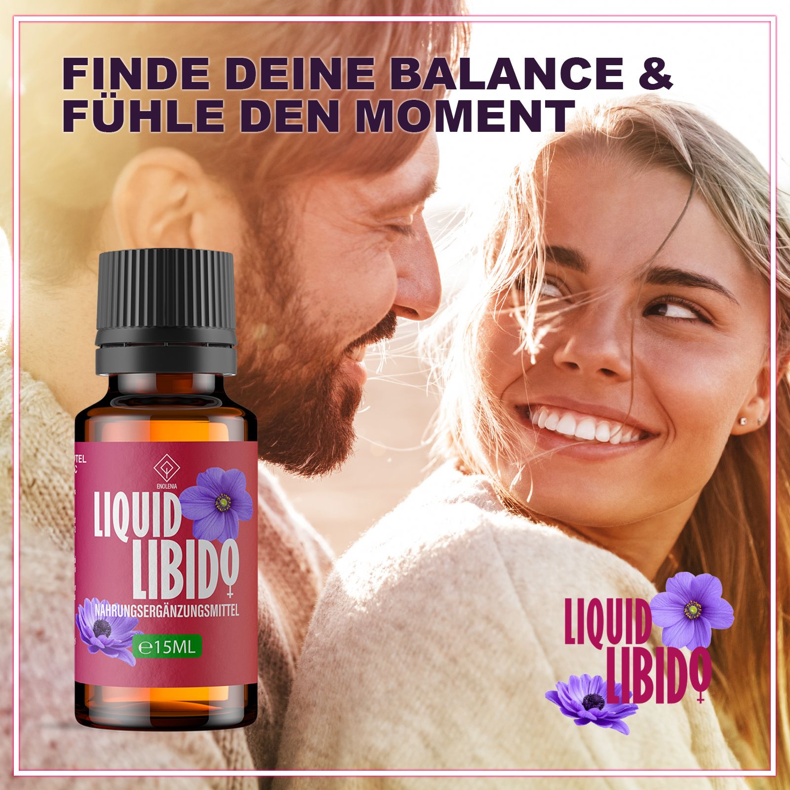 Produktflasche mit Etikett 'Liquid Libido' vor Paar. Text: Finde deine Balance & fühle den Moment. Lila Blume.