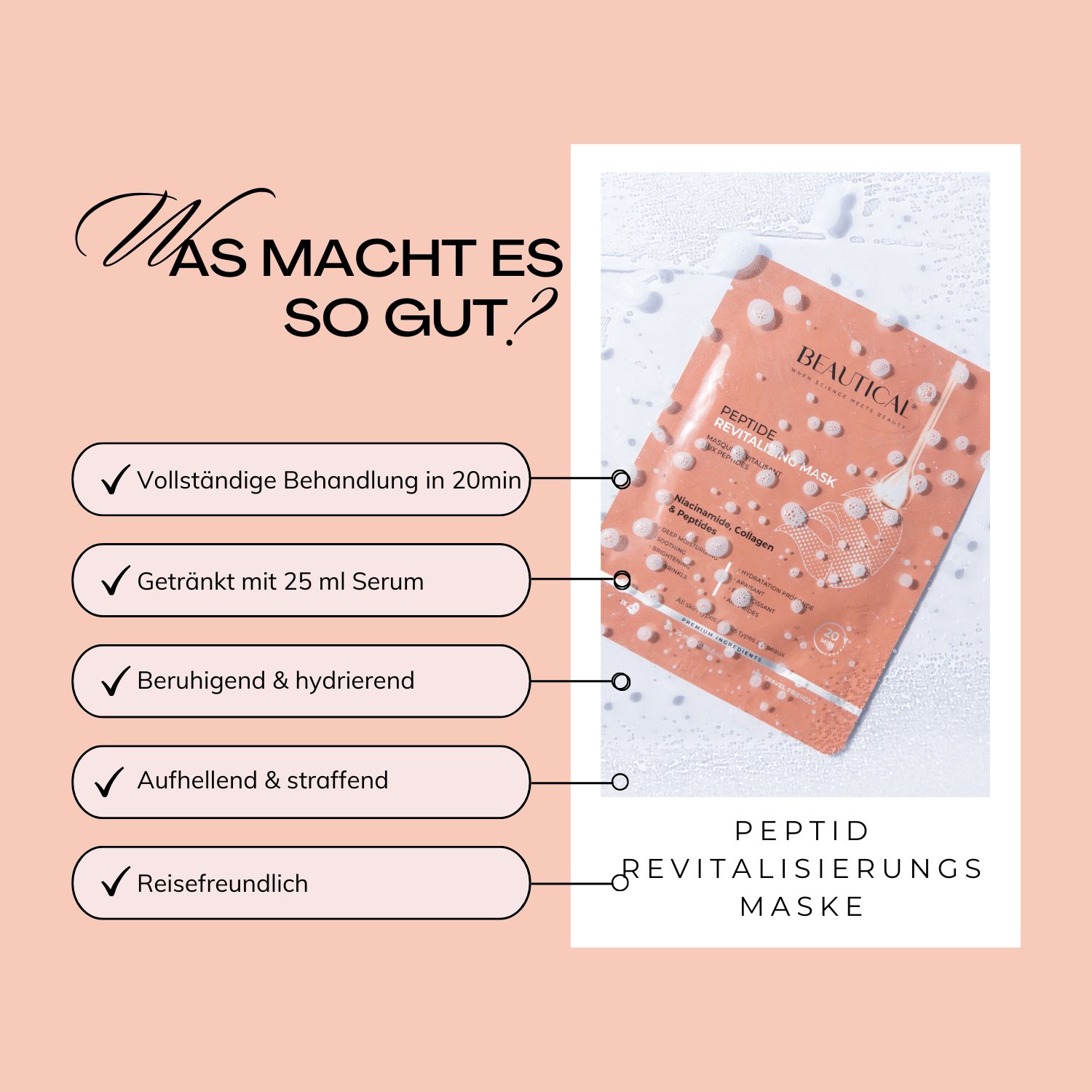 Beautical Peptid Revitalisierende Maske. Text. Rosa Hintergrund.