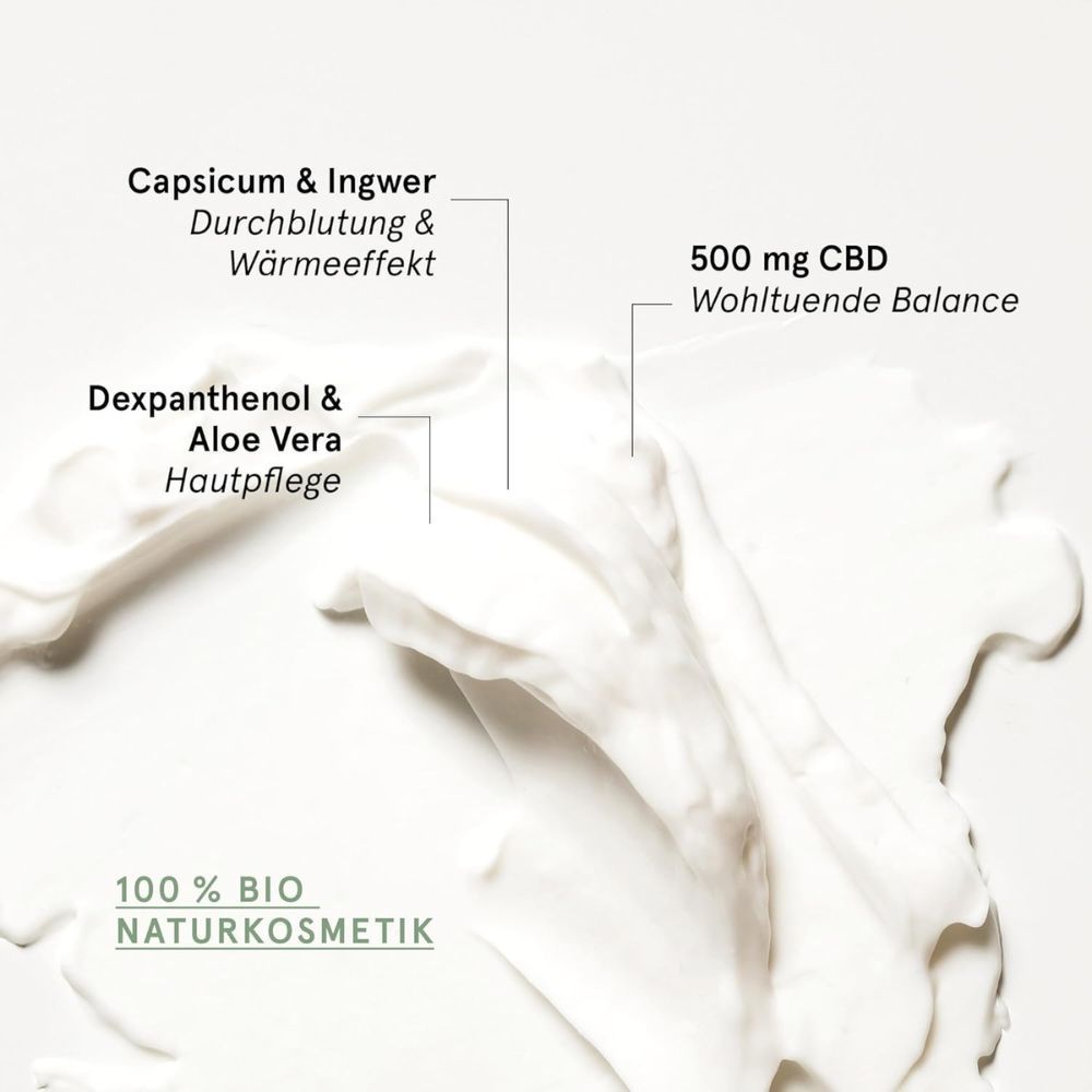 Nahaufnahme Creme. Text: 100% Bio Naturkosmetik. Inhaltsstoffe: Capsicum & Ingwer, 500 mg CBD, Dexpanthenol & Aloe Vera.