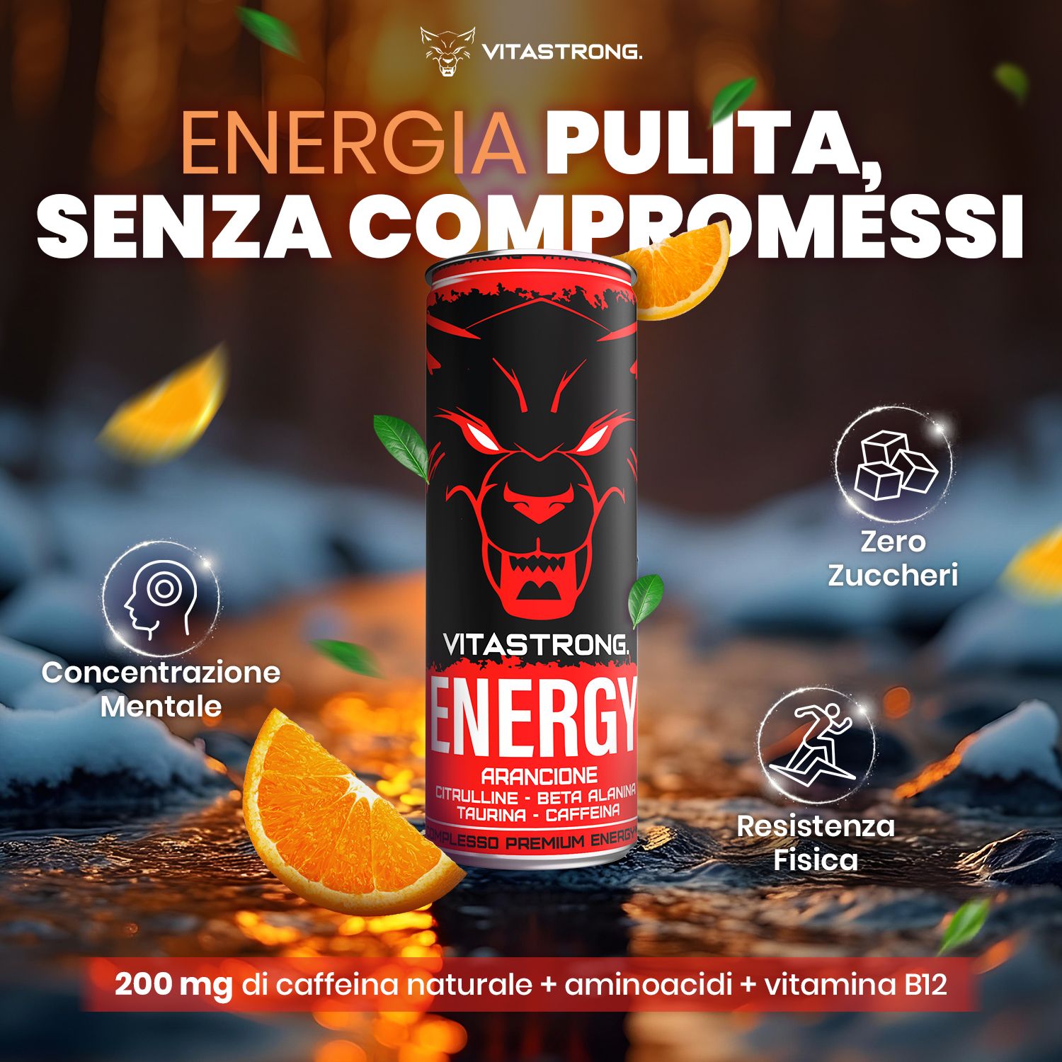 Vitastrong Energy Orange Dose. Abbildung mit Icons und Text. Orange-Scheiben und Tropfen.