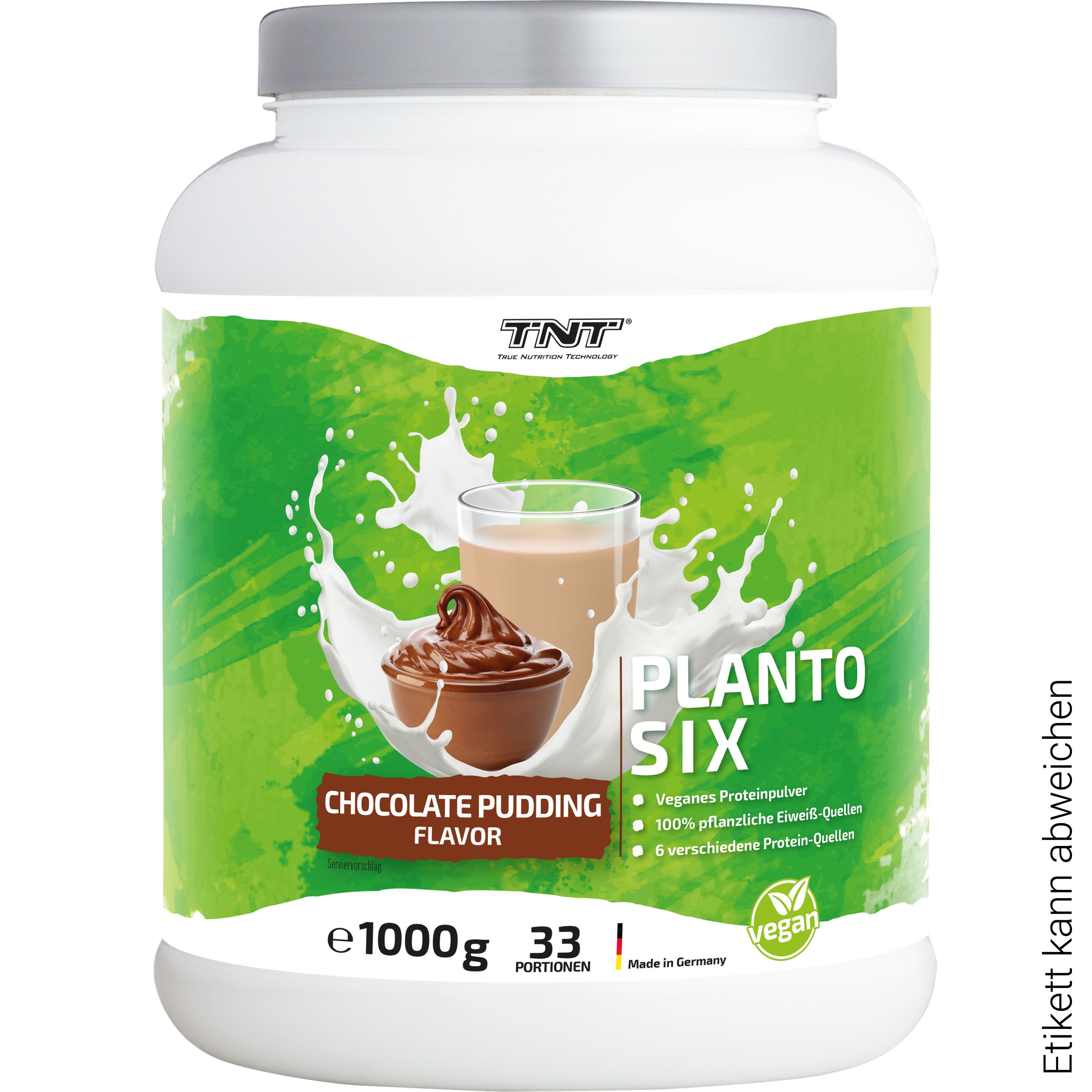 Weiße Dose mit grünem Etikett. Aufdruck: TNT Planto Six, Schoko-Pudding Geschmack, 1000g, 33 Portionen, vegan.