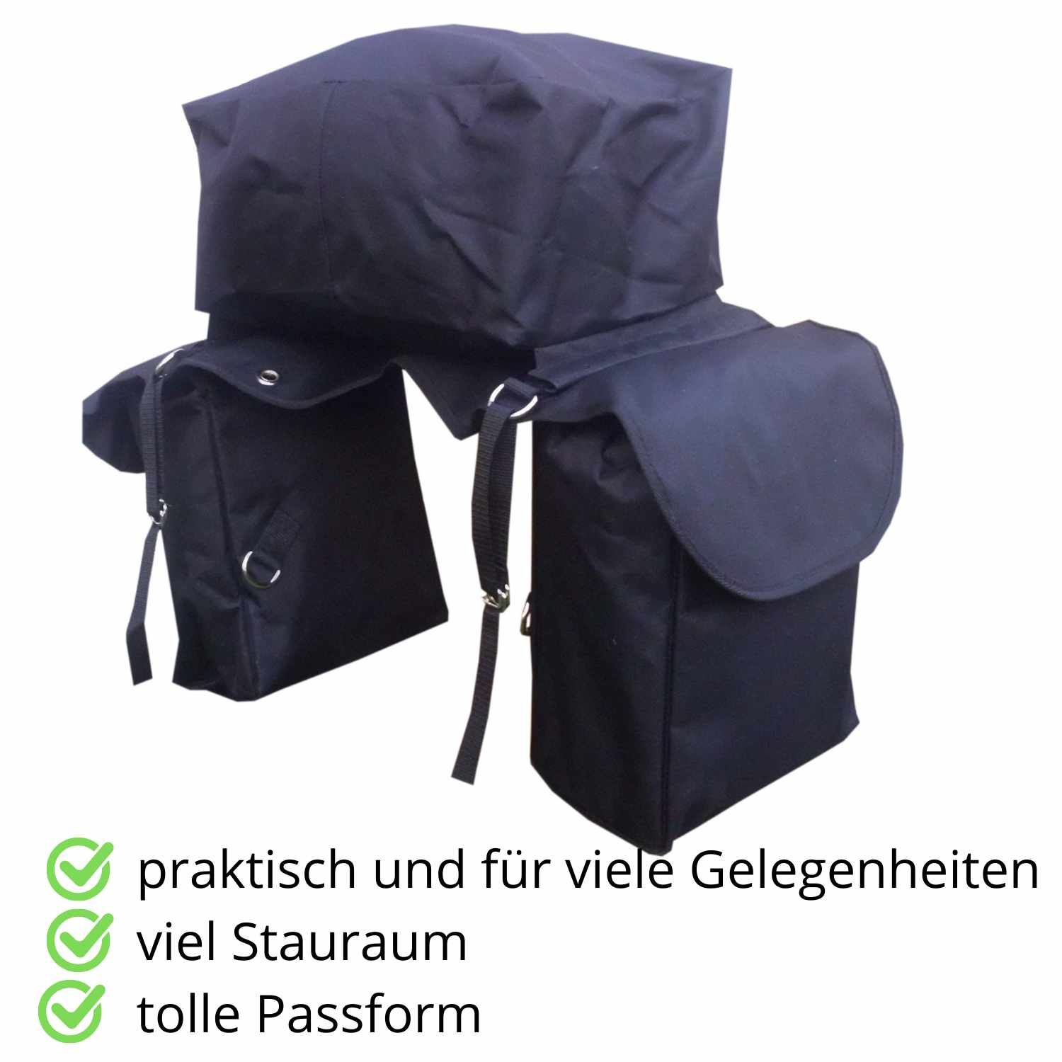 Schwarze Satteltaschen mit drei Fächern und Riemen. Praktisch und für viele Gelegenheiten.