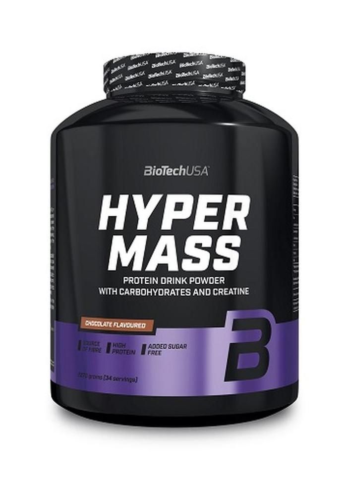 Schwarze Dose mit "Hyper Mass"-Aufdruck. Enthält Protein-Drink-Pulver. "Chocolate Flavoured" und "BioTechUSA" sind sichtbar.