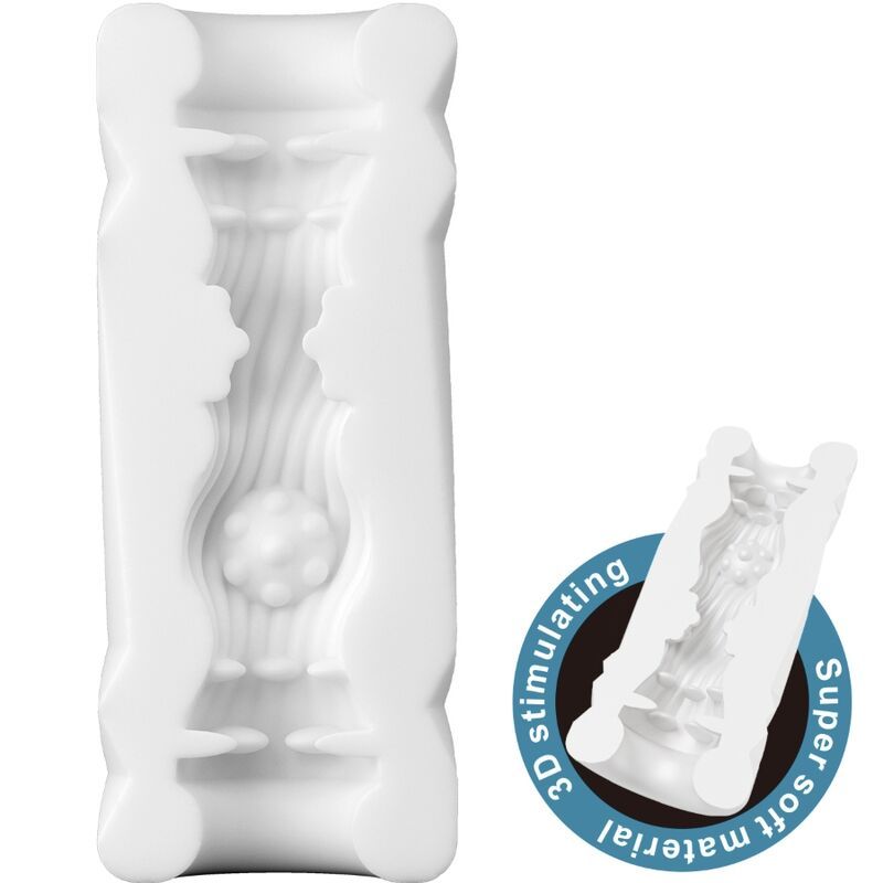 Weißer Masturbator mit inneren Rippen und Noppen. Kleines Bild zeigt Detail.
