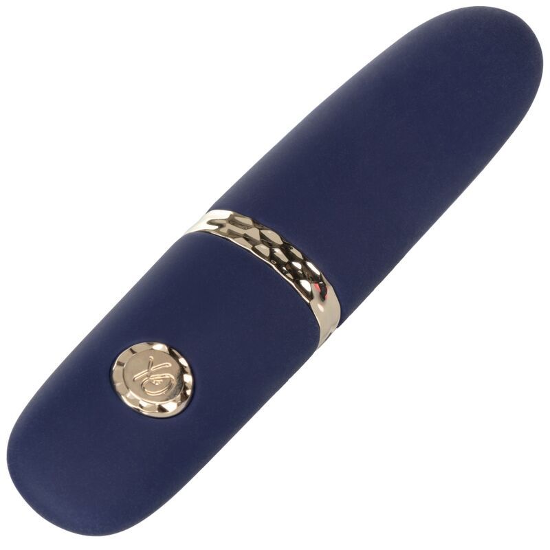Dunkelblaues, kompaktes Vibrationsmassagegerät mit silbernem Ring und goldenem Knopf.