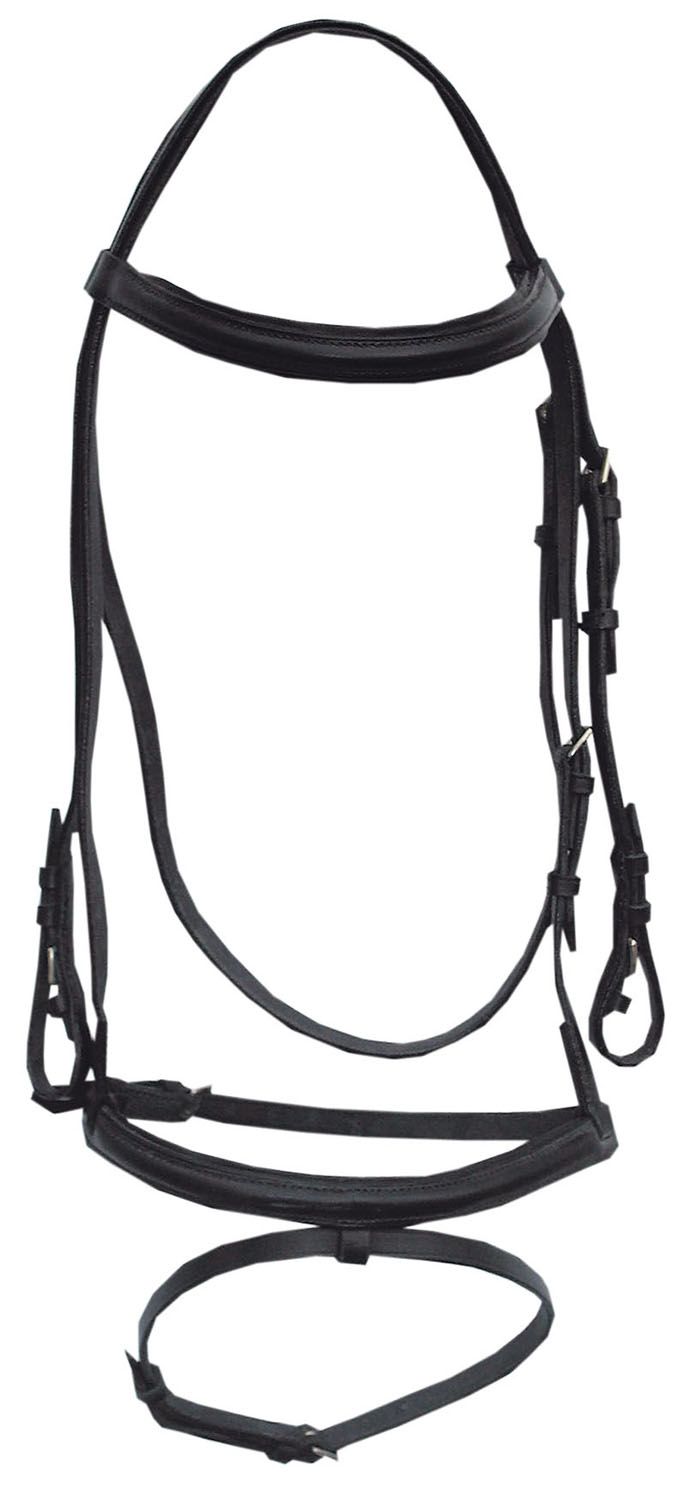 Schwarzer Trensenzaum, Leder, mit Stirnriemen und Backenstücken. Metallbeschläge. Frontansicht.