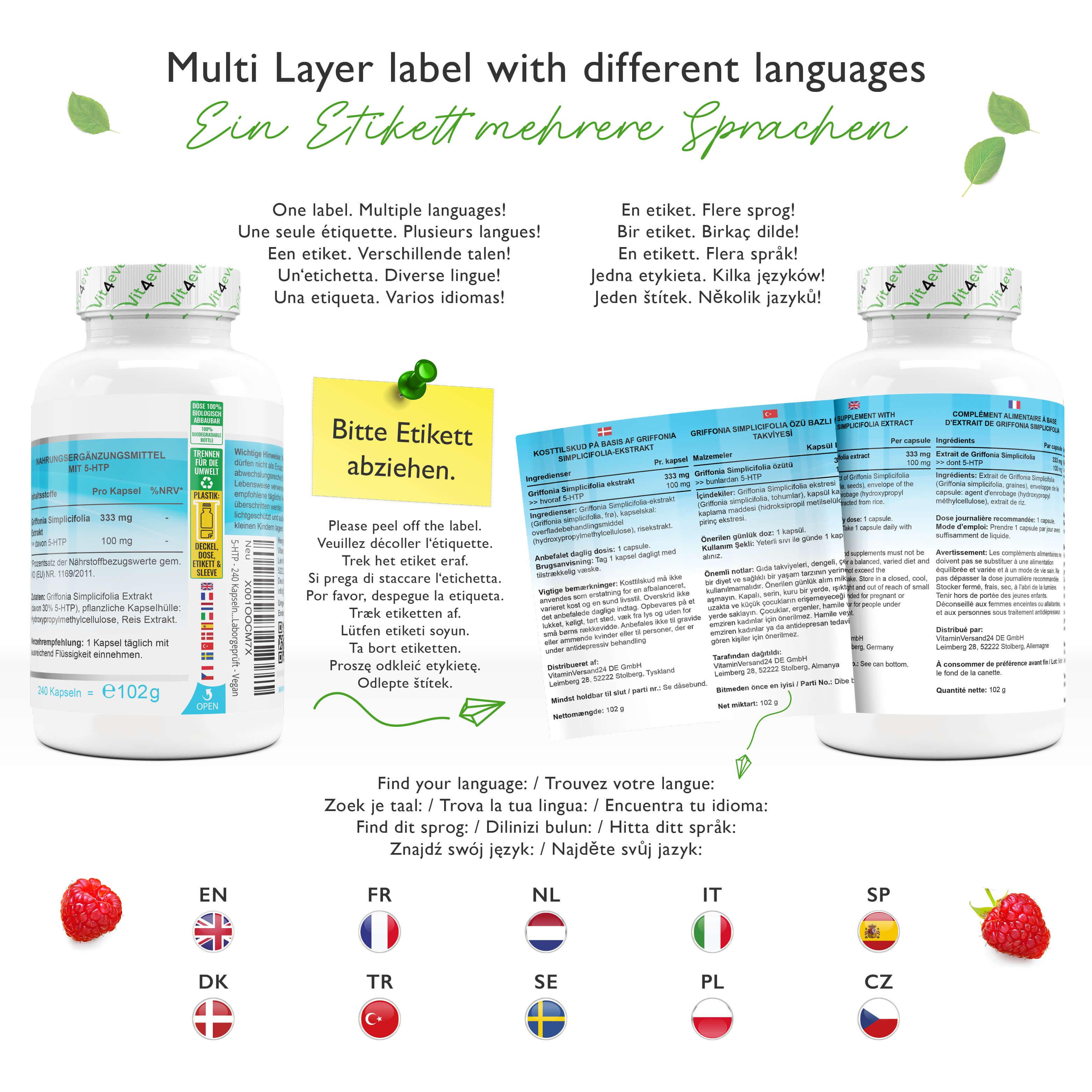 Flasche mit Etikett. Mehrsprachige Etikett-Informationen. Sprachen: EN, FR, NL, IT, SP, DK, TR, SE, PL, CZ.