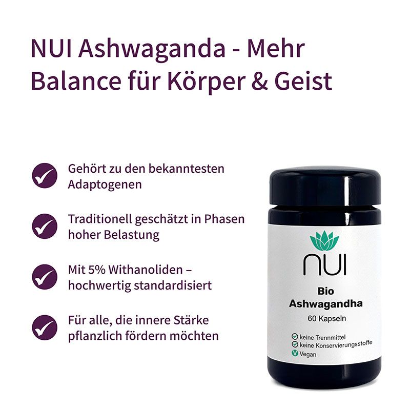NUI Ashwagandha - Mehr Balance für Körper & Geist. Flasche mit 60 Kapseln. Vegan, ohne Trennmittel, ohne Konservierungsstoffe.