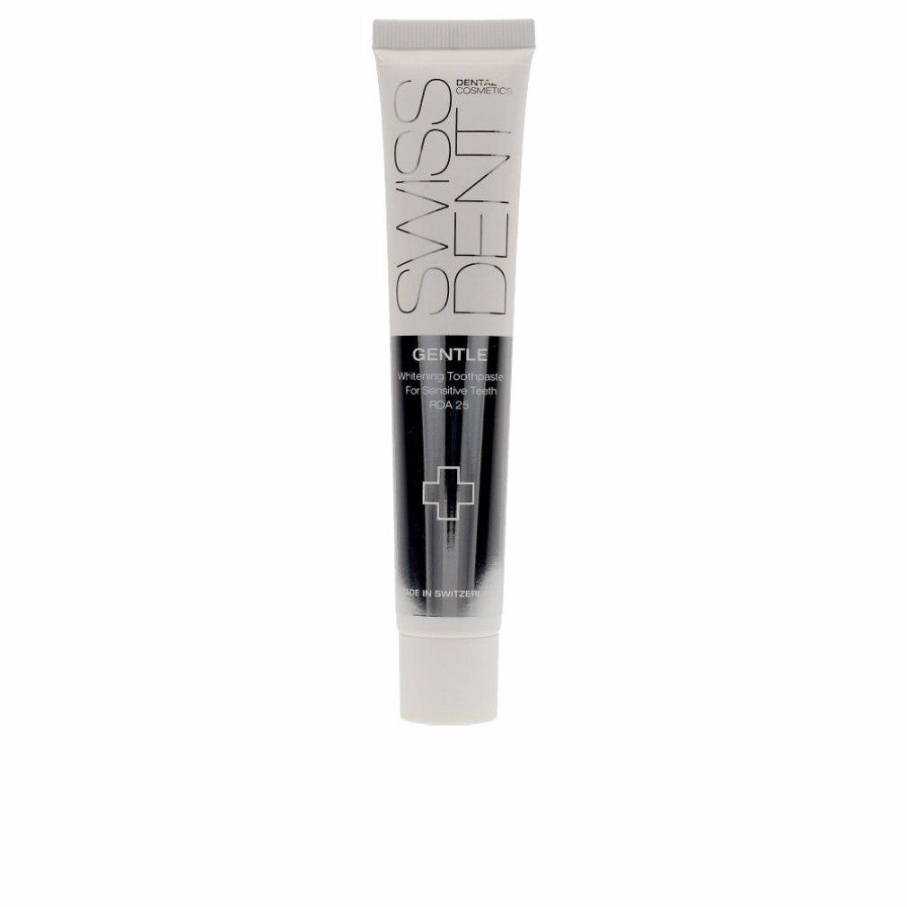 Zahncreme-Tube, weiß-schwarz. Beschriftung: SWISSDENT, GENTLE. Kreuz-Symbol. Hergestellt in der Schweiz.