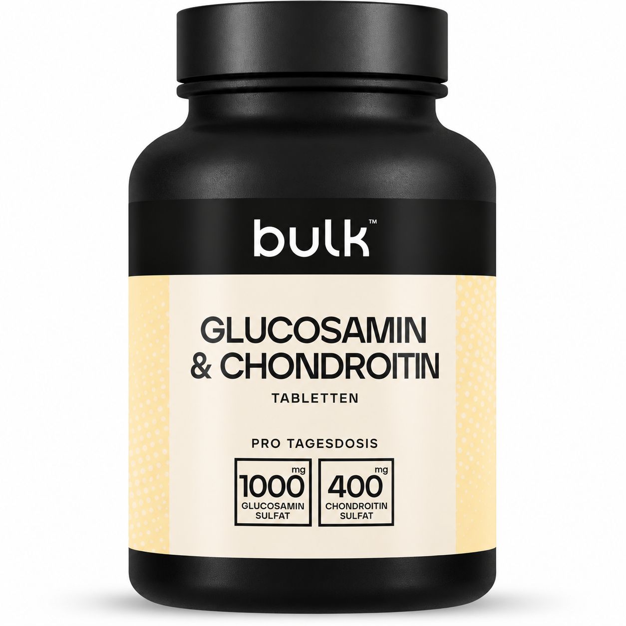 Schwarze Dose mit Glucosamin & Chondroitin Tabletten. Enthält 1000mg Glucosaminsulfat und 400mg Chondroitinsulfat pro Tagesdosis.