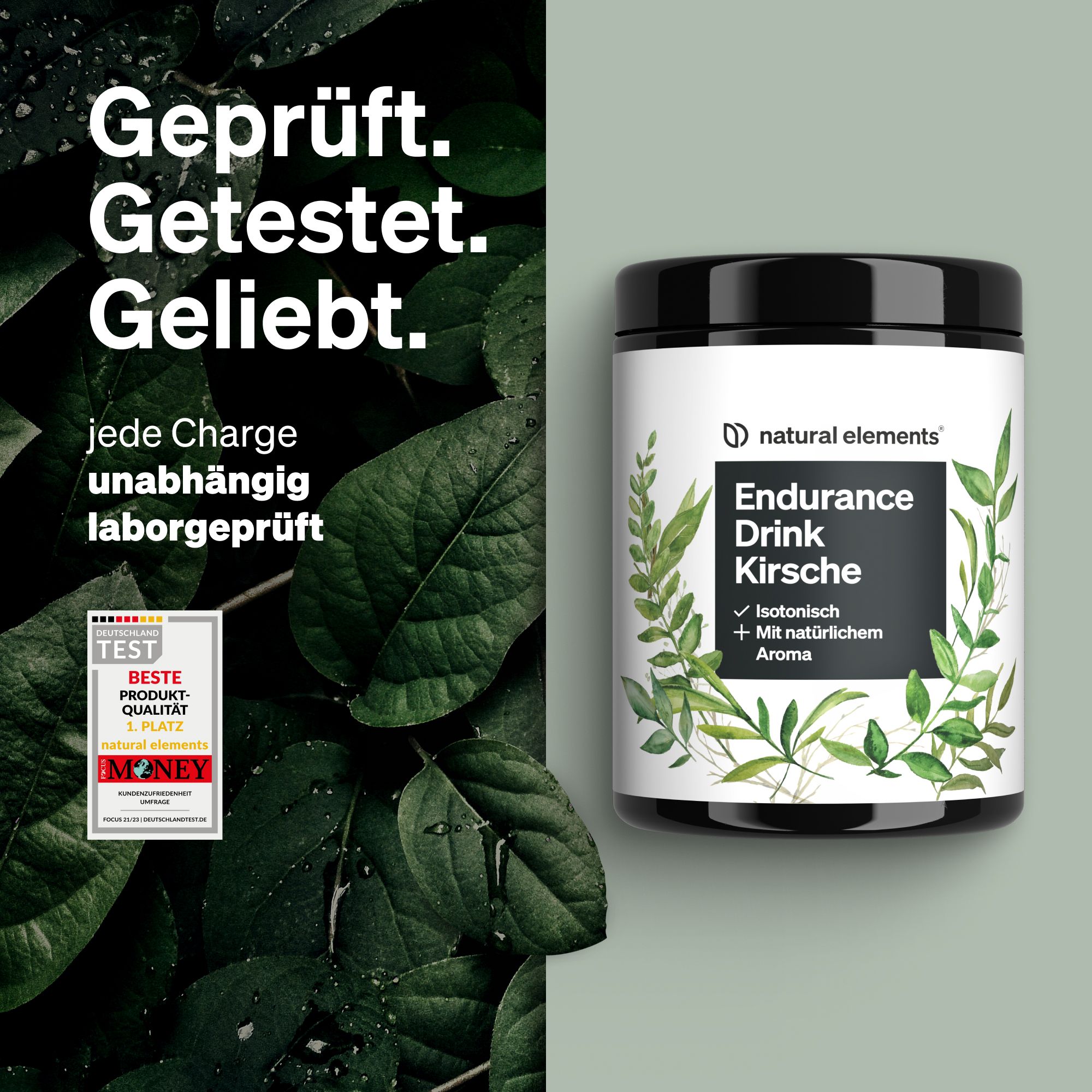 Schwarzes Produktglas mit weißem Etikett. Aufschrift: Endurance Drink Kirsche, isotonisch, mit natürlichem Aroma. Mit Test-Siegel.