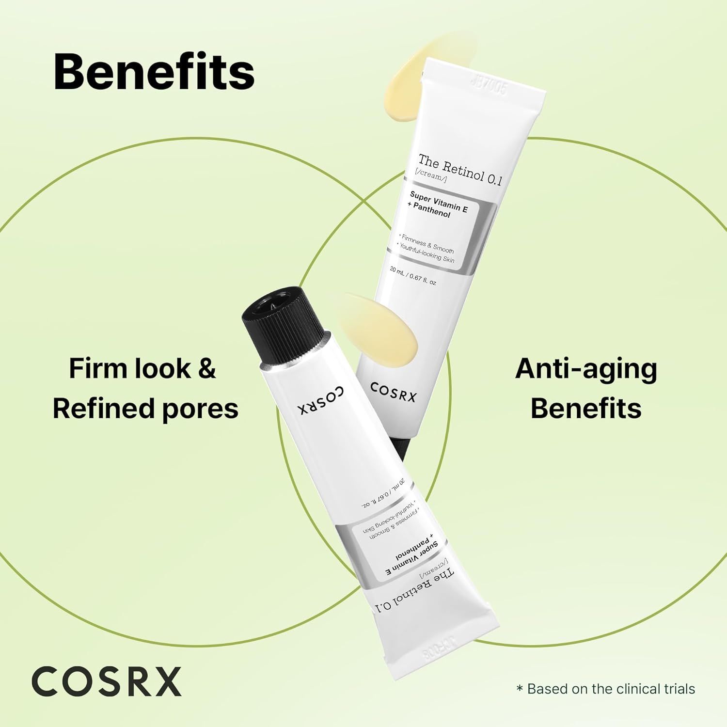 Zwei Tuben 'The Retinol 0.1 Cream' von COSRX, mit Text über Anti-Aging-Vorteile und strafferes Aussehen.