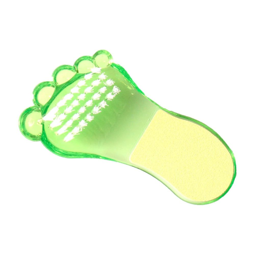 Grüne Fußfeile und Bürste in Fußform. Bürstenbereich mit weißen Borsten, gelbe Reibefläche. Transparentes Material.