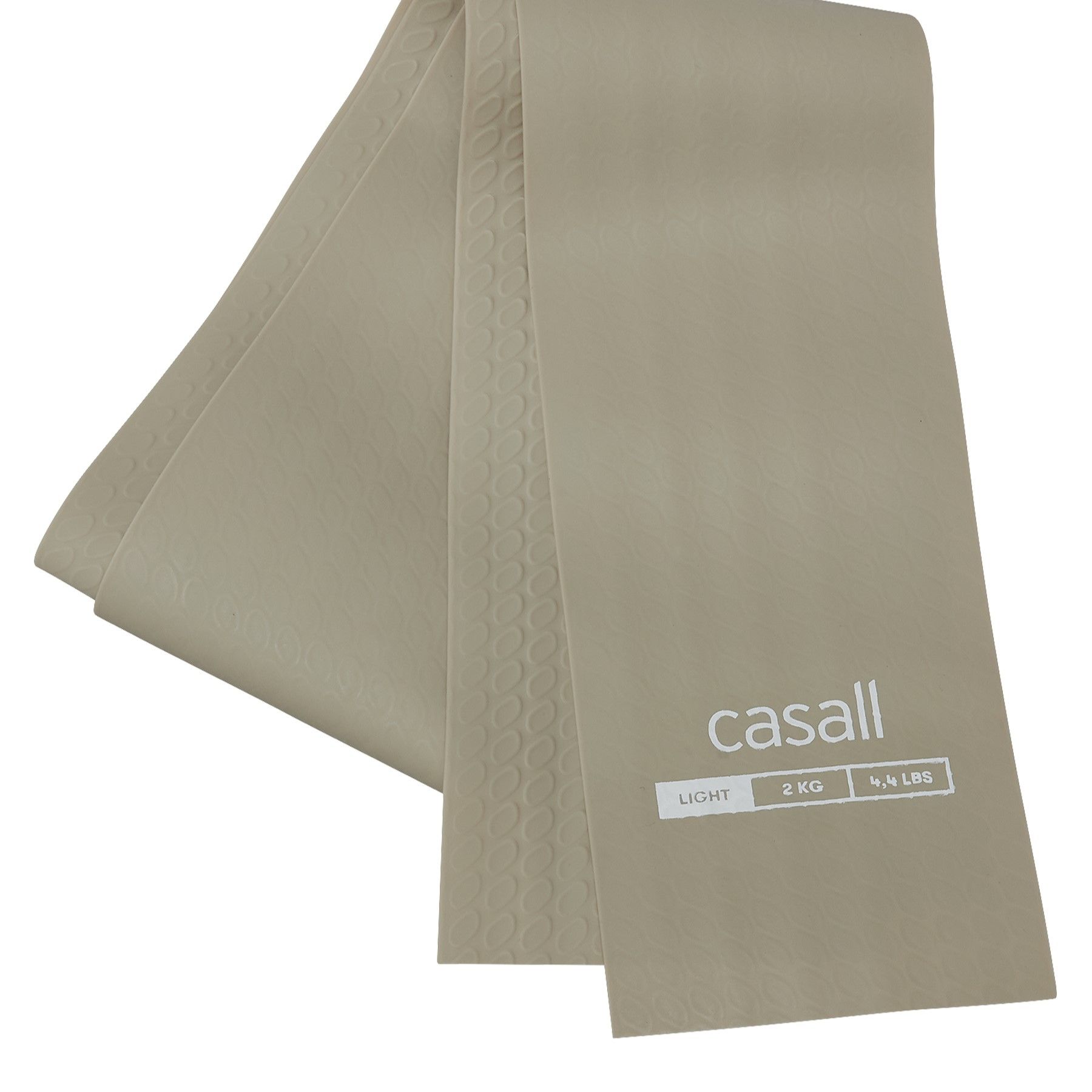 Beige Fitnessband. Aufdruck: casall, LIGHT, 2 KG, 4.4 LBS. Band mit geprägter Kante.