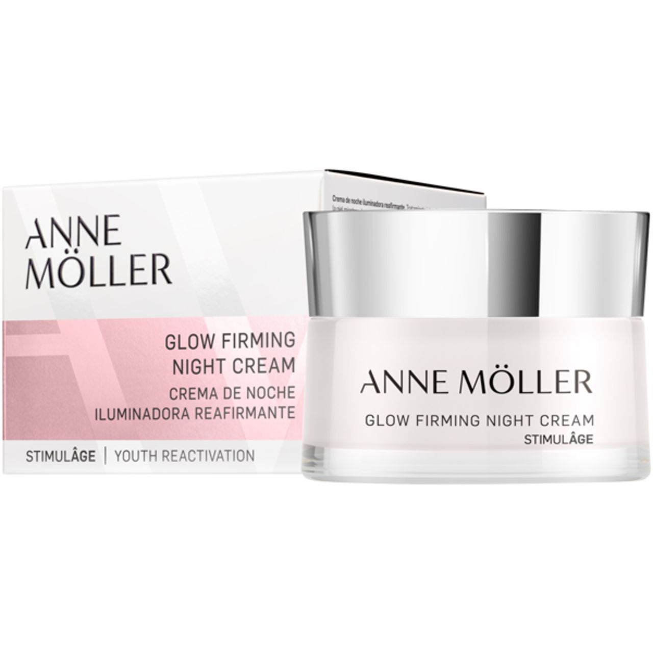 Creme-Tiegel und Verpackung. Aufschrift: ANNE MÖLLER, GLOW FIRMING NIGHT CREAM, CREMA DE NOCHE, STIMULÂGE.