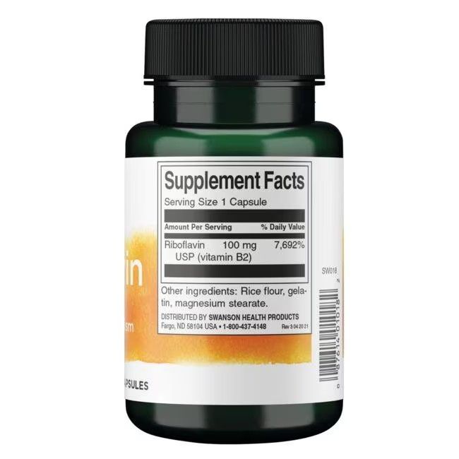 Rückseite der grünen Flasche. Aufschrift: Supplement Facts. Enthält Riboflavin 100 mg. Weitere Inhaltsstoffe: Reismehl, Gelatine, Magnesiumstearat.