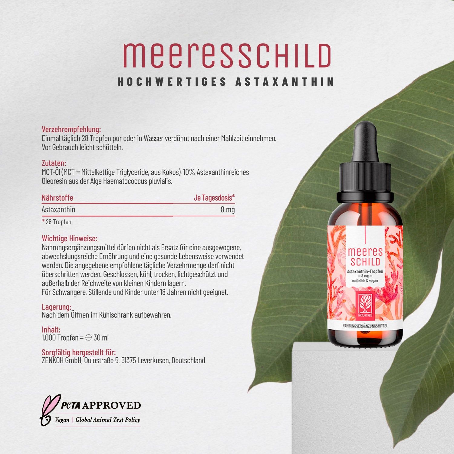 Braune Glasflasche mit Tropfer und Text. Text: Meeres Schild, hochwertiges Astaxanthin. PETA-Logo. Flasche mit Aufschrift: Astaxanthin-Tropfen.