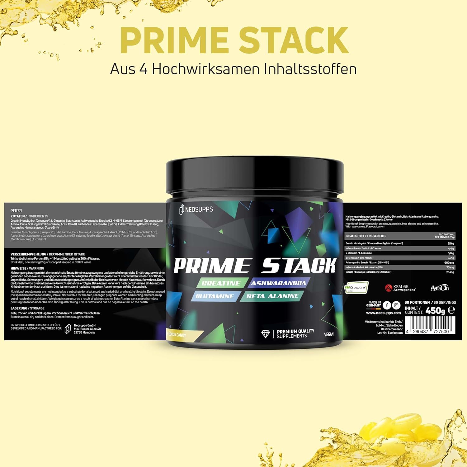 Schwarze Dose "PRIME STACK" mit Inhaltsangaben. Dose mit bunten geometrischen Formen. Text: Creatine, Ashwagandha, Glutamine, Beta Alanine.