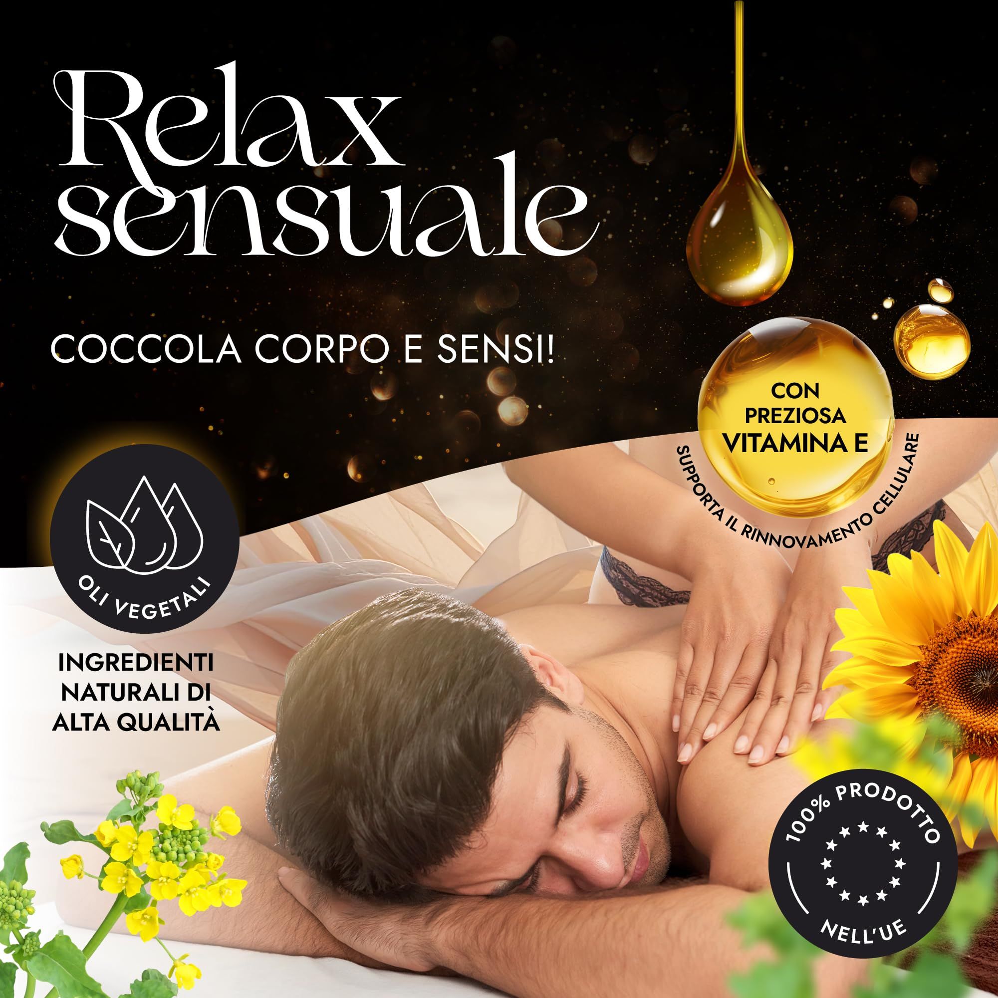 Mann erhält eine Rückenmassage mit Loovara Öl, umgeben von Blüten.
