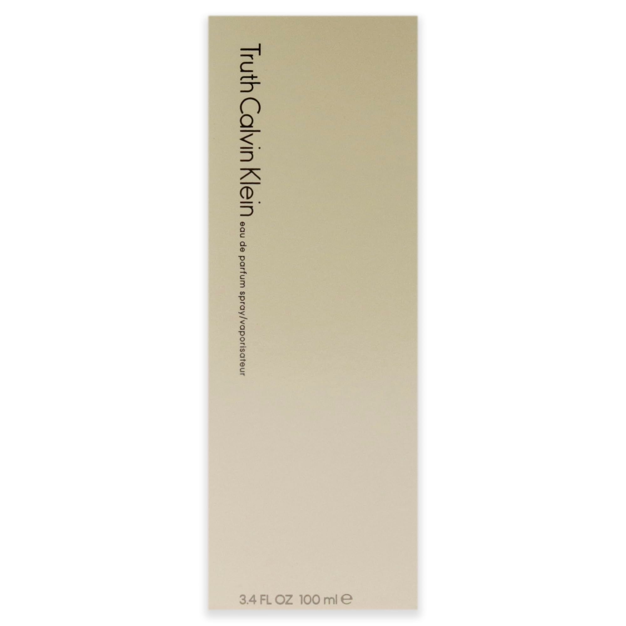Beige rechteckige Verpackung. Aufschrift: Truth Calvin Klein, Eau de Parfum Spray.