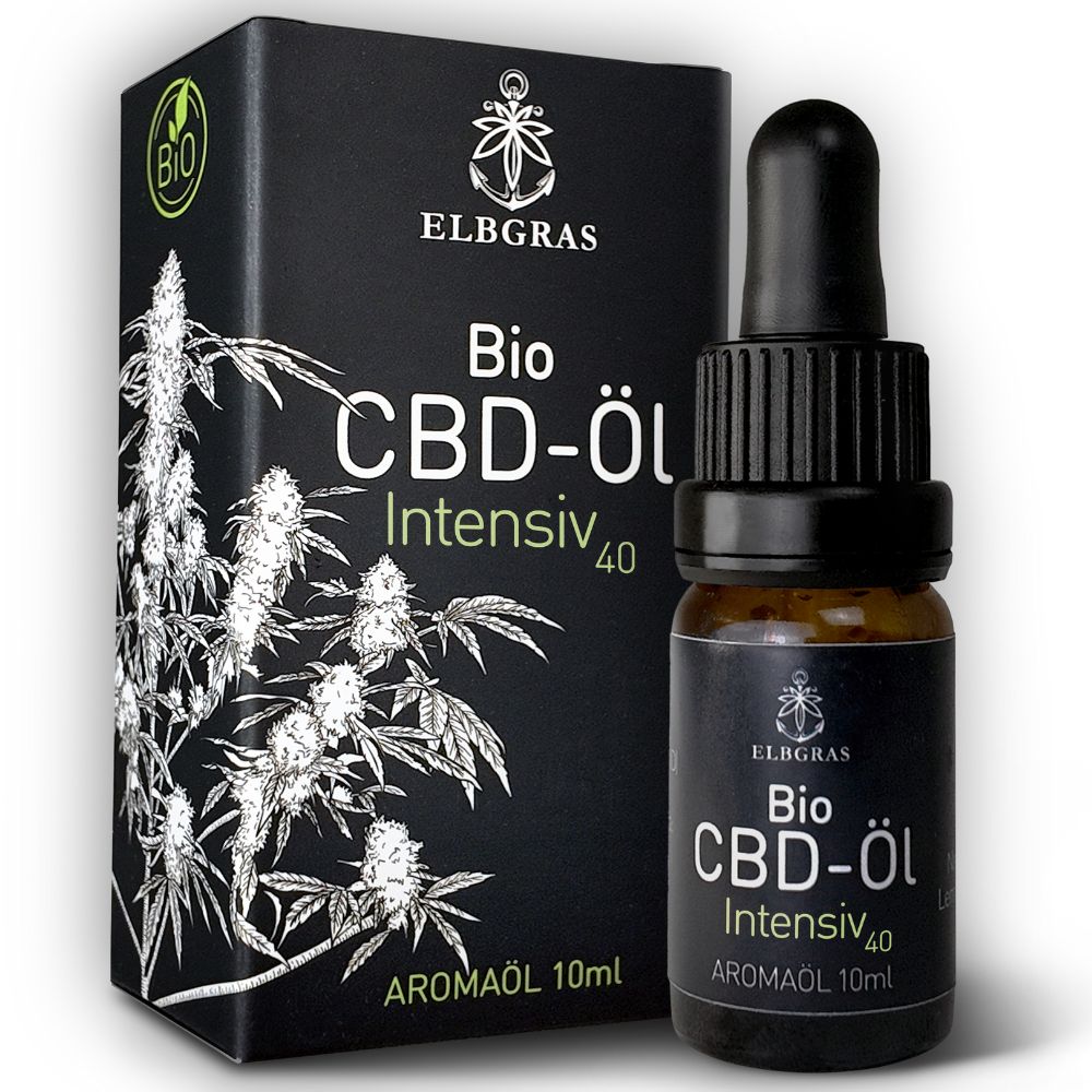 Elbgras Bio CBD Öl 40% Flasche und Karton mit Hanfabbildung.