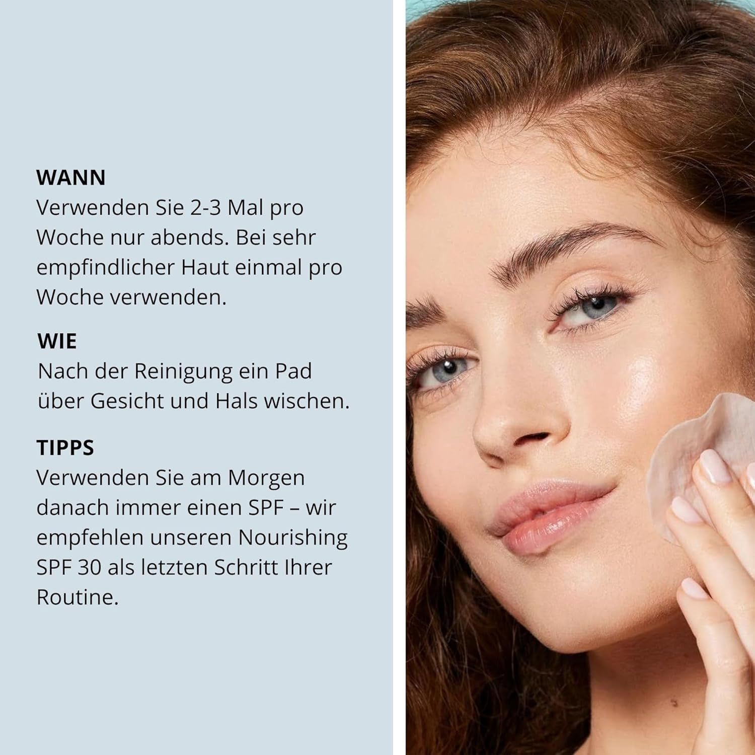 Frau wischt mit einem Pad über ihr Gesicht. Text: Anwendungshinweise für NIP+FAB GLYCOLIC FIX NIGHT PADS.