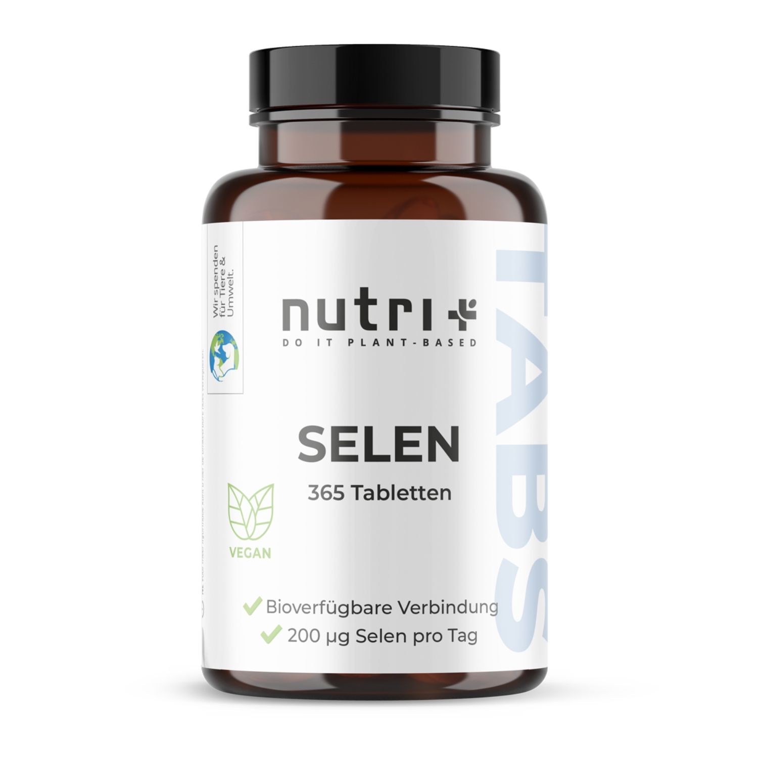Braune Flasche mit schwarzen Deckel. Aufschrift: nutri+ SELEN 365 Tabletten. Vegan-Siegel.