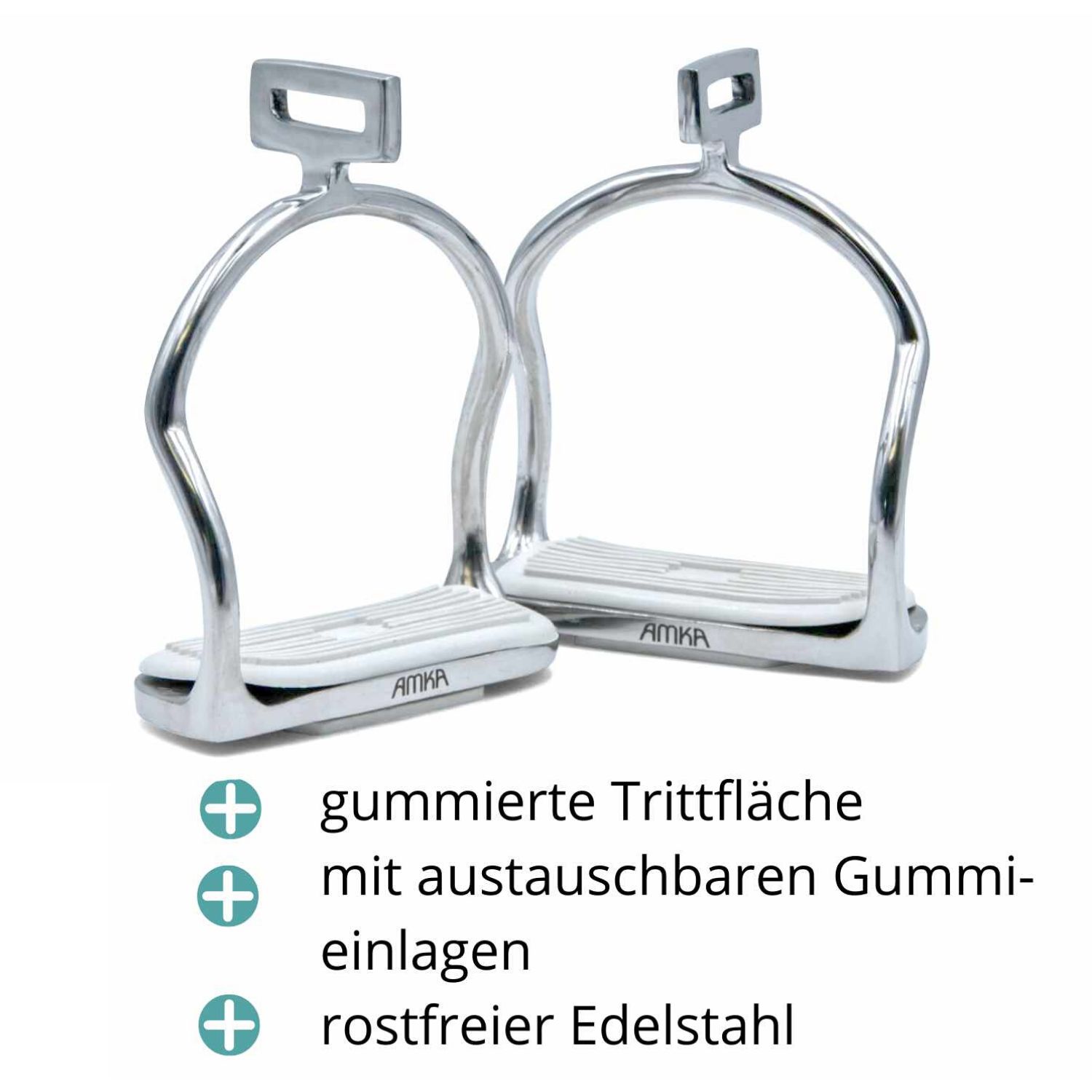 Zwei silberfarbene Steigbügel mit weißen Trittflächen. Text: gummierte Trittflächen, mit austauschbaren Gummieinlagen, rostfreier Edelstahl. Marke: AMKA.