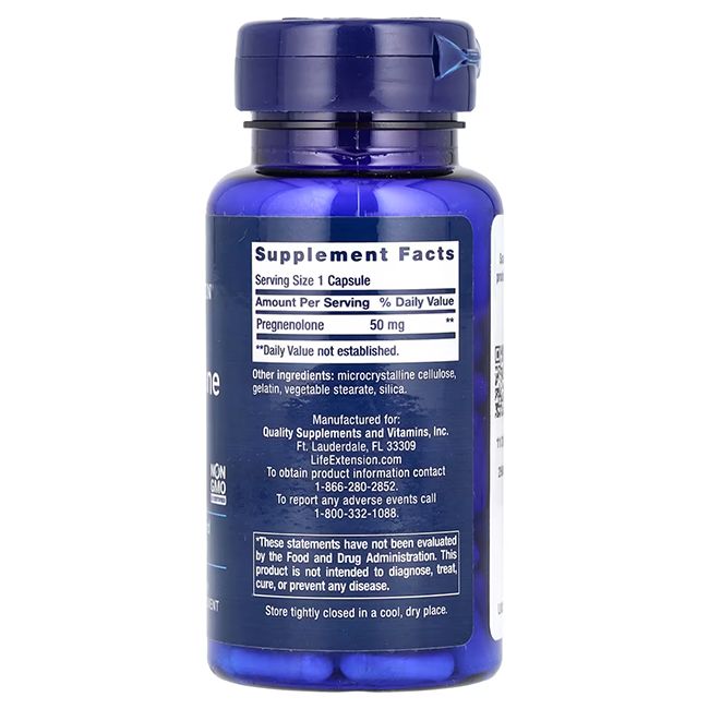 Flasche mit Nahrungsergänzungsmitteln, Rückseite mit Nährwertangaben und Inhaltsstoffen. Enthält Pregnenolon 50 mg.