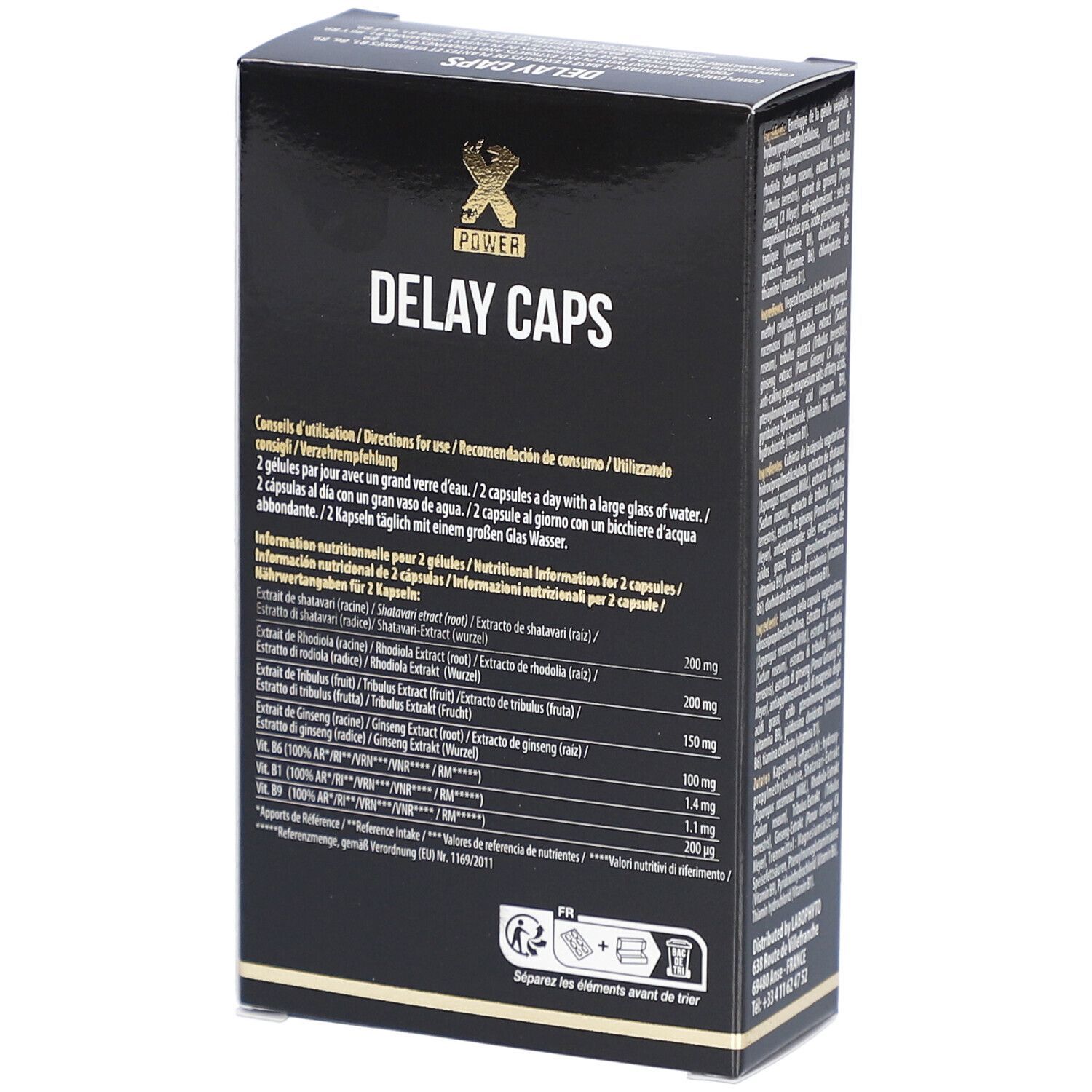 Schwarze Verpackung für 'Delay Caps' mit goldener Schrift und Produktinformationen.