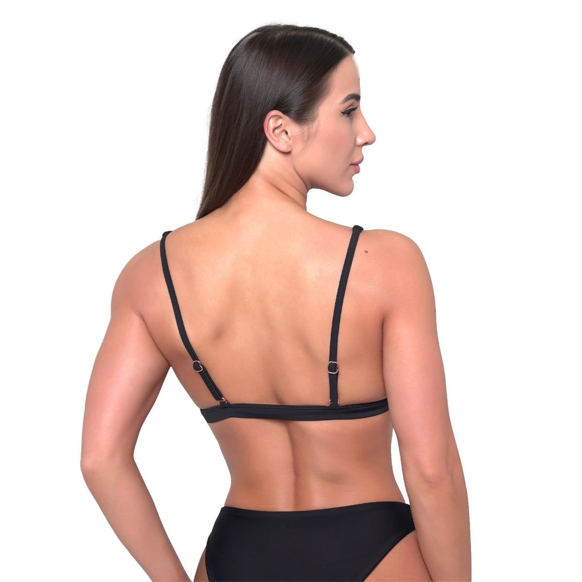 Rückansicht eines schwarzen Bikini-Oberteils mit verstellbaren Trägern und Hakenverschluss.