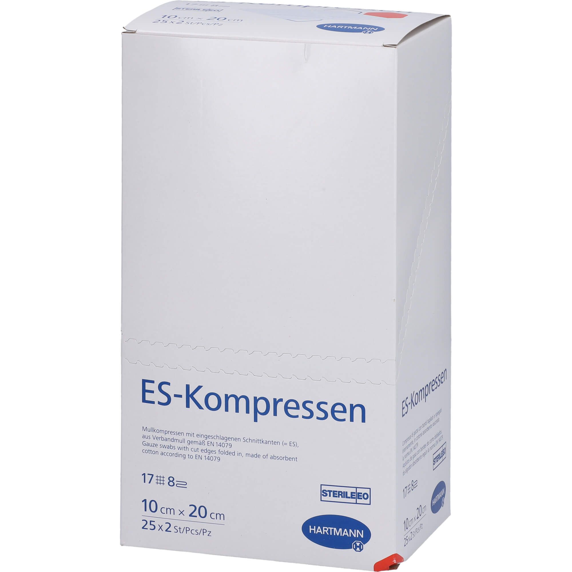 Weiße Verpackung mit blauer und roter Schrift. Aufschrift: ES-Kompressen, 10 cm x 20 cm, 25 x 2 Stück. Marke: Hartmann. Steril.