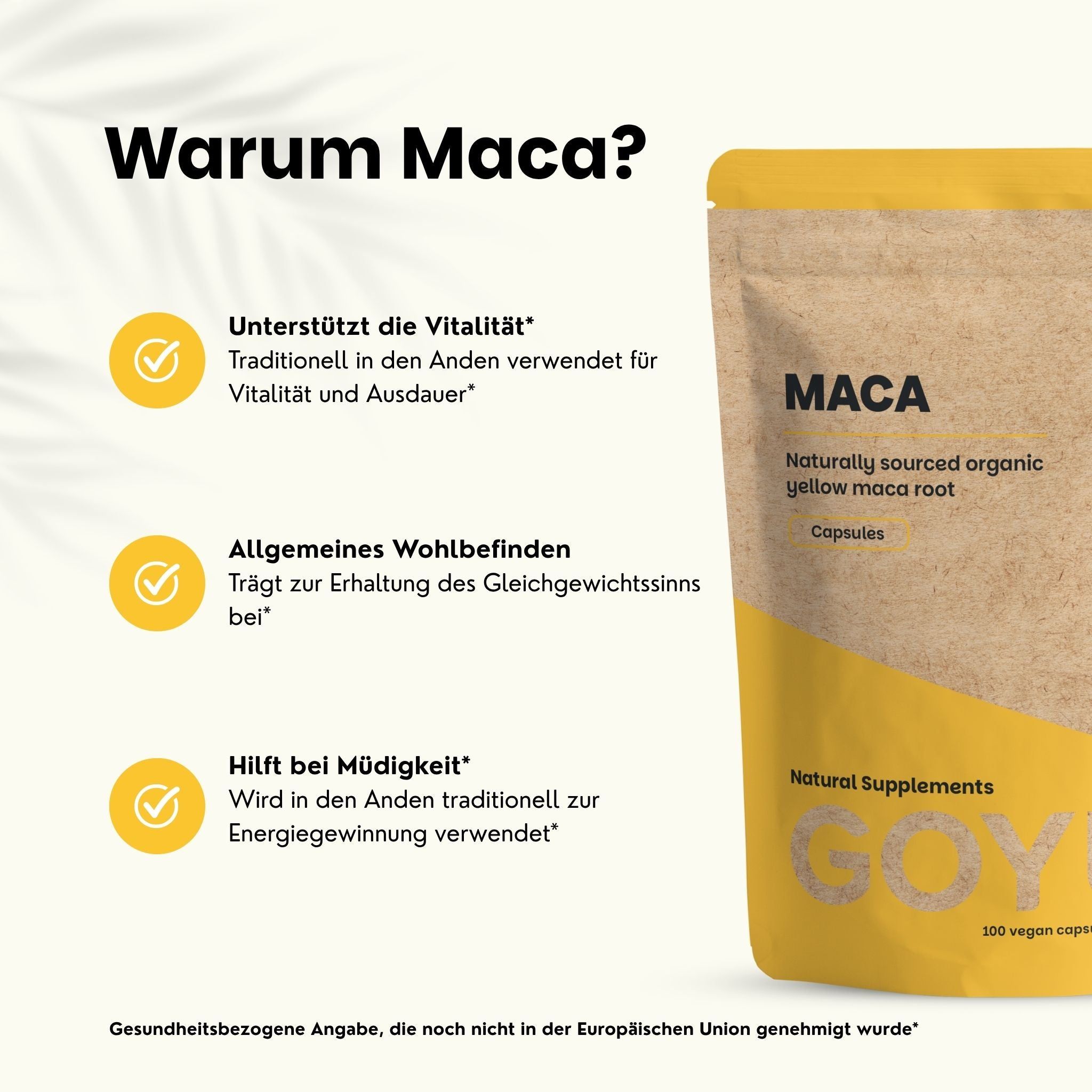 Braune Verpackung mit gelbem Aufdruck für Maca-Kapseln, 'Naturally sourced organic yellow maca root'.