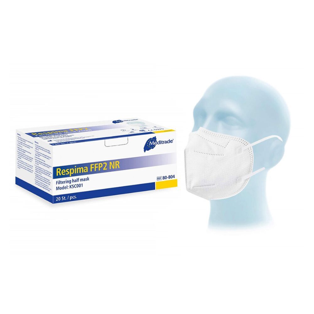 Meditrade Respima FFP2 NR Atemschutzmaske neben einem blauen Dummy-Kopf mit Maske. Weiße Maske mit Ohrschlaufen.