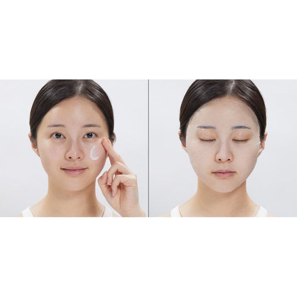 Zwei Bilder. Frau trägt Serum auf und trägt Maske. Produktanwendung.